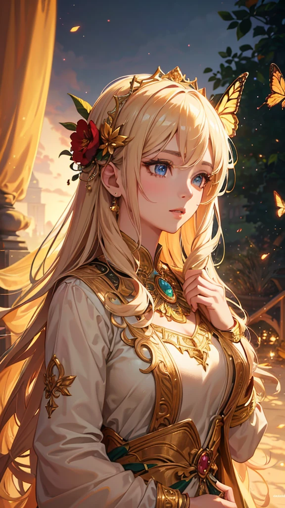 a beautiful anime girl, 1girl, detailed face, beautiful detailed eyes, beautiful detailed lips, long eyelashes, detailed facial features, gentle expression, long wavy hair, flower crown, elegant dress, beautiful detailed dress, (best quality,4k,8k,highres,masterpiece:1.2),ultra-detailed,(realistic,photorealistic,photo-realistic:1.37),detailed lighting, soft lighting, warm color palette, glowing skin, detailed background, lush garden, butterflies, fairy-tale style