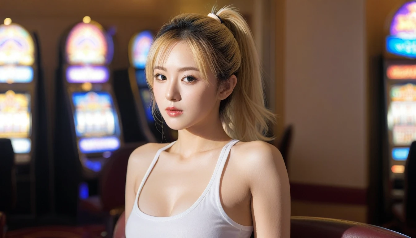 Close-up photo of a beautiful Korean woman, Bust size 34 inches, blonde high ponytail, Wear a tank top,Random colors, เล่นสล็อตIn casinos, sunlight, bokeh background, UHD, sit (random background,In casinos,VIP casino room, Modern Casino Console, Modern Slot Machines )