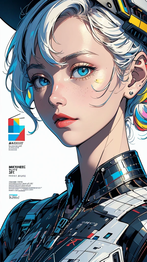 (masterpiece:1.2, best quality), (1lady, solo, upper body:1.2), Hair: buzz cut, Clothing: oversized, distressed denim jacket with patches and pins, paired with black skinny jeans and combat boots, Accessories: silver hoop earrings and a black choker necklace, Hanging out in an underground music venue or street art exhibit