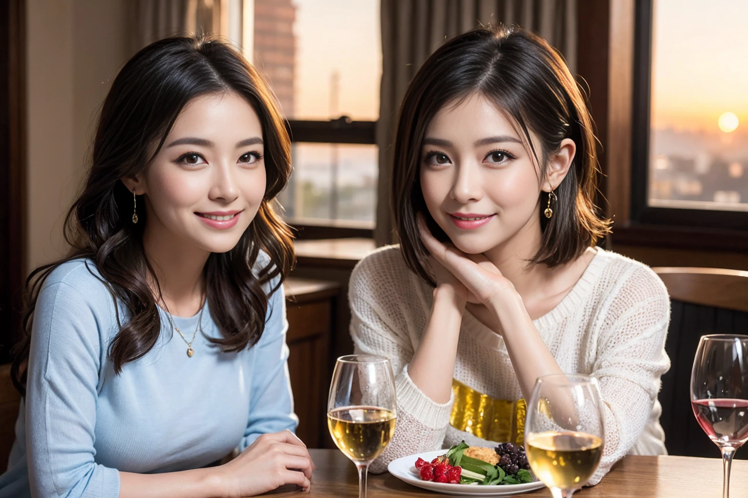 (Realistic:1.2),(masterpiece,Highest quality),8k,((men and women)),Age 35,37 years old、最高のsmile、Happy Couple, Full course dinner at the table、Wine Party、wine glass、White wine、sparkling wine、red wine、Upper Body、Tight waist,Perfect Anatomy, Brown Hair, short hair,Random Hairstyles,Amazing view of the sunset sky and clouds、Long sleeve shirt、dress,((Highly detailed face and eyes:1.2))(Cute Face:1.4),Beautiful actress face,Perfect golden ratio face,woman'suit、Nice,(smile:1.2)、