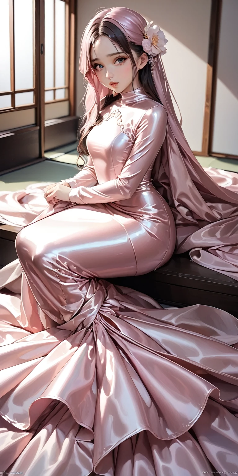 Portraiture、(masterpiece,Highest quality,Ultra-high resolution),Japanese women, (((Very beautiful 25 year old girl))),She is wearing a long-sleeved dress made of shiny pale pink satin.、The dress has a simple design without any patterns.、The skirt is mermaid style