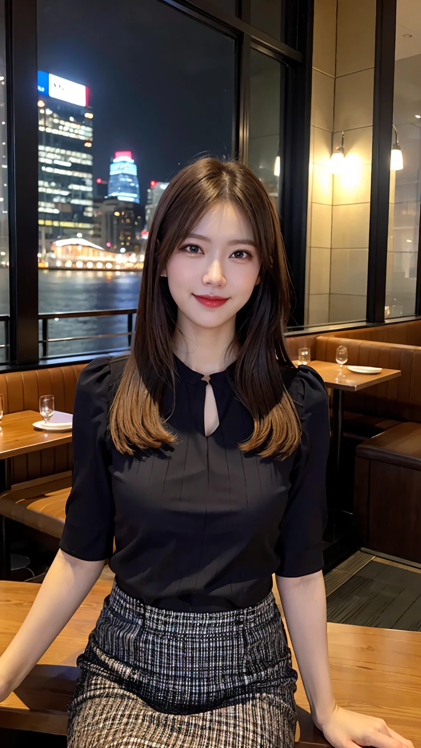 highest quality, masterpiece, 8K, ultra high resolution, (realistic: 1.4), beautiful face, symmetrical eyes, Japanese, 20 years old, brown hair, smile, wearing makeup, high-definition images, atmospheric perspective, super detail, accurate, best quality, (angle from under the table), blouse, skirt:1.3) 1 girl, drooping eyes, sleepy face, blush, in the city, busy, skyscrapers, restaurant with large windows, takes a seat, night scene, windows have harbor view, foods, romantic dinner