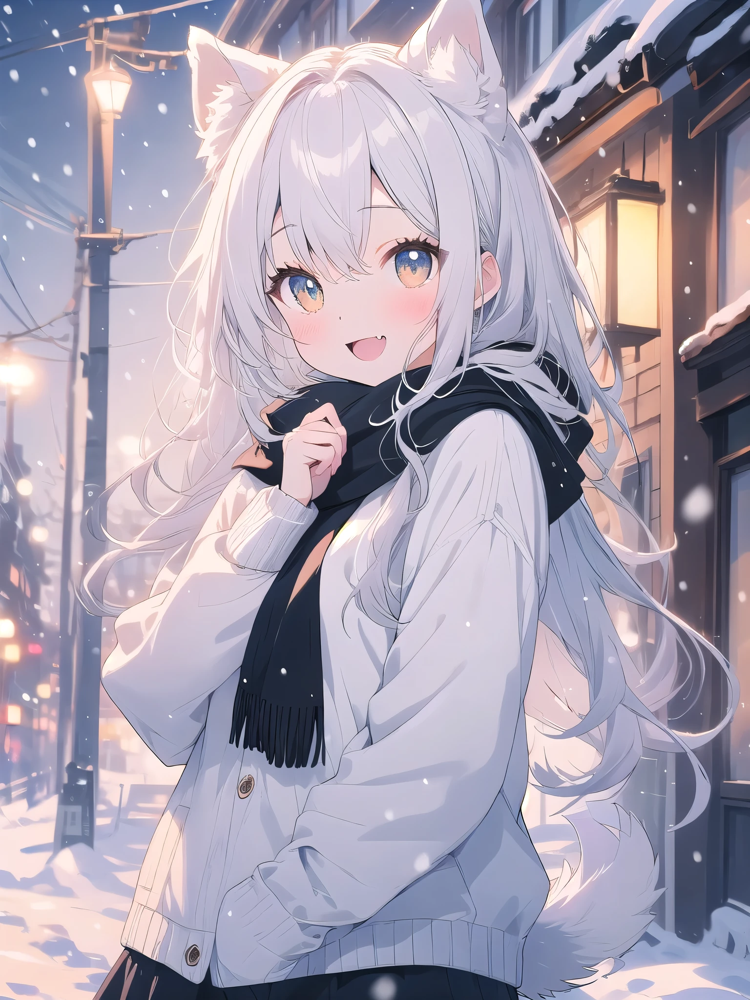 ((Blurred)),(Pale colors),white hair, dog ears, sparkle, film grain, UHd, masterpiece, super detail, high details, high quality, highres, best quality, 4K,claw pose,upper body,fang,:d,aran sweater,Samoyedの女の子、Samoyed,Fluffy clothes、cute、Background of the snow country,((dog tail)),Fluffy scarf,Snow is falling,Light production、night、Street lights illuminate