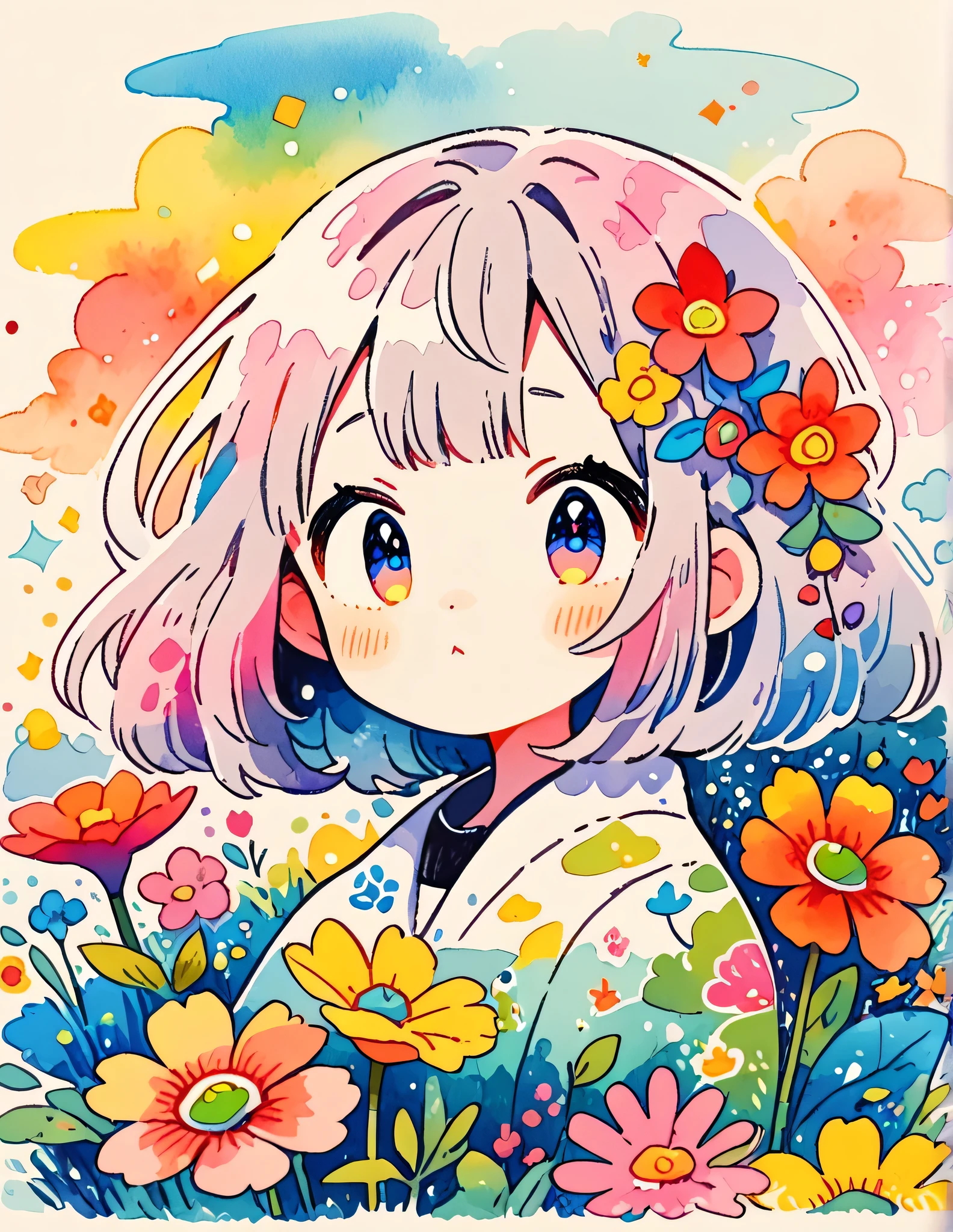 Hayao Miyazaki style, (((kawaii design))), The most beautiful girl of all time、Totoro、Totoro Forest、8K Quality、Intense watercolor, Detailed watercolor art, Watercolor splash, Surreal, avant-garde pop art, Beautiful and expressive paintings, Beautiful artwork illustration, Very colorful tones, wonderful, Cool beauty, highest quality、Official Art, Vector art, (((highest quality))), HDR, ((detailed)), (((Doodle Art)), ((masterpiece)), ((Super detailed)), (((Colorful flowers))), (((adventure)))