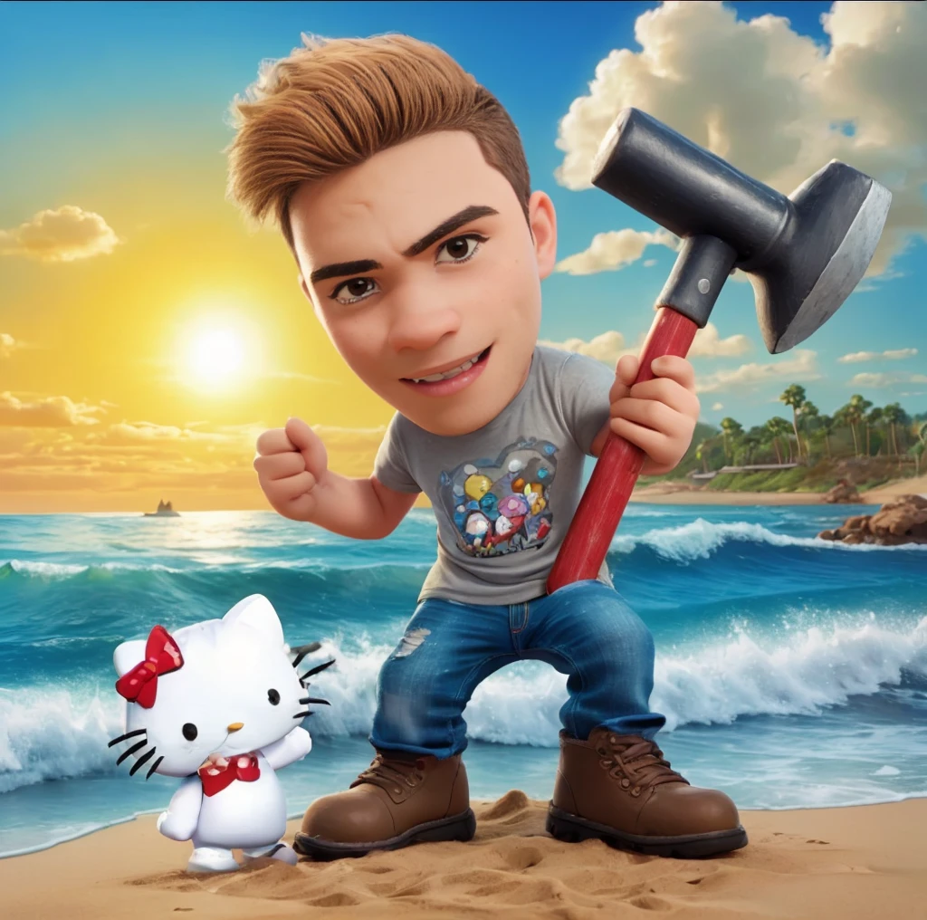 3D disney pixar cardboard character caricature big head,A teenage man wearing a black t-shirt image of hello kitty with torn jeans and boots holding a big hammer in his hand,Posing action on the beach,With the atmosphere of the twilight sky and sun from the side,Full body photo,Long shot technique