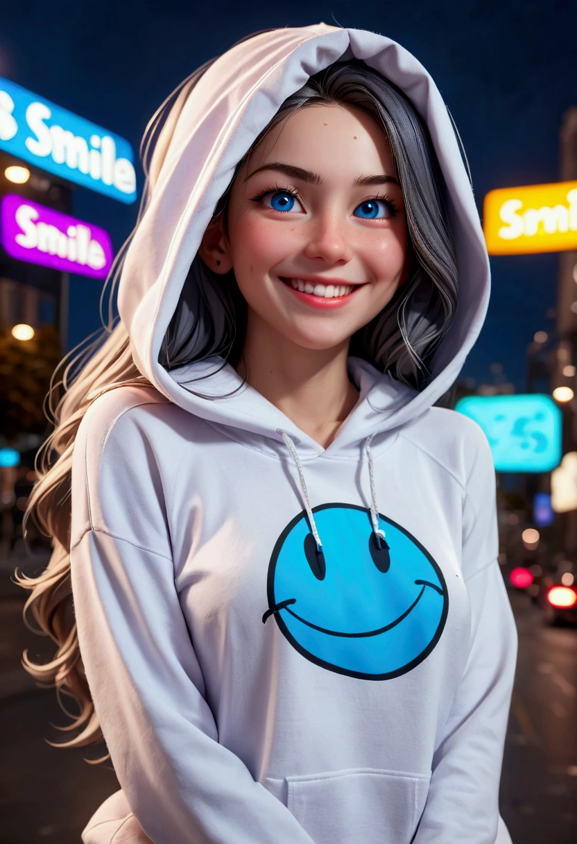 ((masterpiece, highest quality, Highest image quality, High resolution, photorealistic, Raw photo, 8K)), Ultra Wide Angle, girl, (Lower bust:1.4),Large breasts bigger、(ssmile:1.5),Colored inner hair,Long gray hair:1.5,Long unkempt hair:1.35,cabelos preto e longos,Complex hairstyles,(((neon_blue_There are eyes:1.3))),complex eyes,Beautiful and delicate eyes,symetric eye)),(spider lower abdomen,Willow waist,Wide hips,athletic body build,inflatable legs,Detailed body), Cute big breasts,'s,((((cropped hoodie,)))), (dynamicposes:1.0),Just focus,Embarrassing,(Located in the center,Scale to fit the dimensions,the rule of thirds), Neon lights are particularly eye-catching, very bright neon light,during night, star night, kosmos, artsy photography,(Photos taken by sldr),A high resolution, Focus sharp, (realistic artwork:1.37),(extremely detaild's CG unified 8k wallpapers),((Synthetic wave background theme)),(((vibrant with colors))),iintricate,(intricate background),(tmasterpiece),(Best quality at best),It's a perfect face,Perfect facial detail,Realistic face,Live photos,analogue style,((Complicated details)),(((actual))),