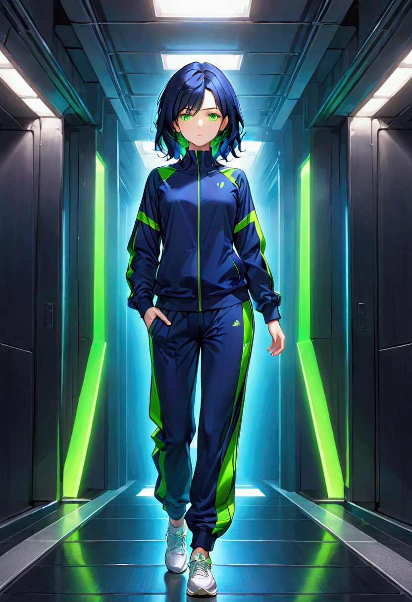 Girl with dark blue hair, green eyes,tall rectangular body figure, mature,tracksuit
