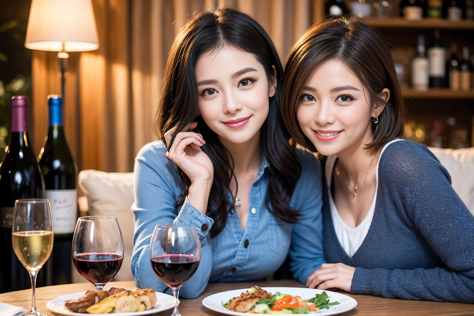 (Realistic:1.2),(masterpiece,Highest quality),8k,((men and women)),Age 35,37 years old、最高のsmile、Happy Couple, Full course dinner at the table、Wine Party、wine glass、White wine、sparkling wine、red wine、Upper Body、Tight waist,Perfect Anatomy, Brown Hair, short hair,Random Hairstyles,Amazing view of the sunset sky and clouds、Long sleeve shirt、dress,((Highly detailed face and eyes:1.2))(Cute Face:1.4),Beautiful actress face,Perfect golden ratio face,woman'suit、Nice,(smile:1.2)、