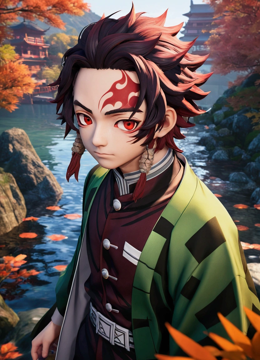 Boy, tanjiro, demon slayer, asian face, red eyes, black gradiant red hair, detailed hair lake a real hair, detailed clothes like the original anime clothes, green black clothes, make the picture be a 3d unreal engine graphics, ultra realistic, super detailed, high resulution, best quality, masterpiece.