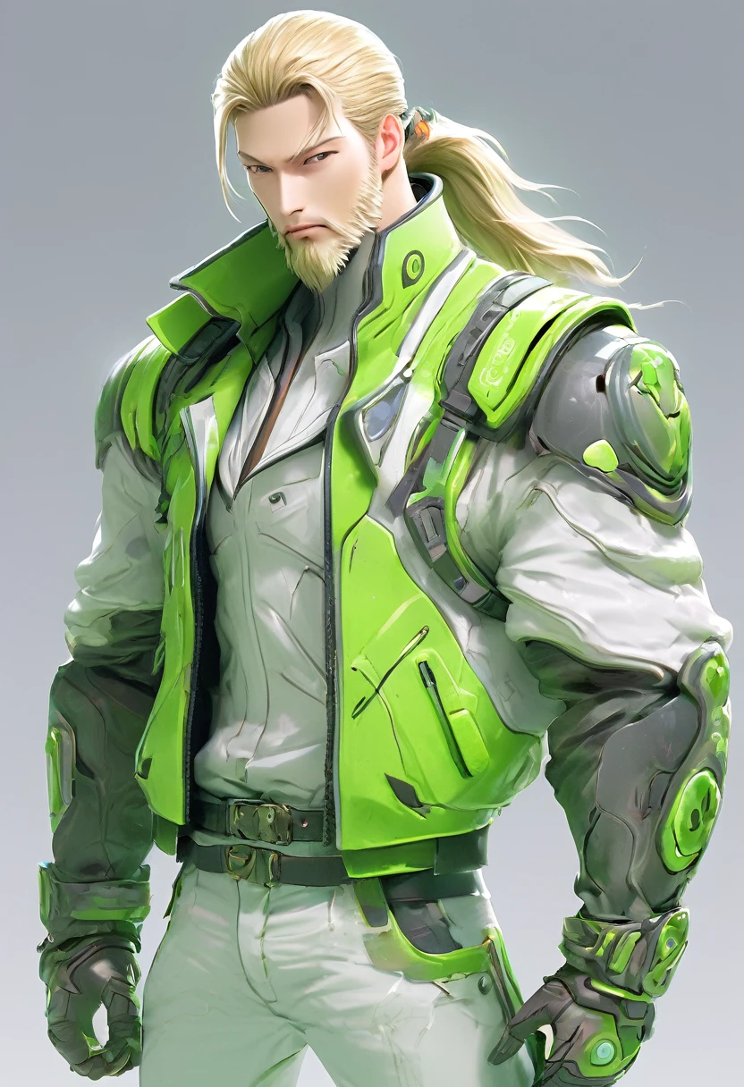 Character anime man, whole body, permanent, Strong, Long blond hair, ((design sketches)), (masterpiece), Extremely detailed, (original design reserved), (Random pose), leader, (unique accessories), (clothing, Green vest, jeans), (Bearded face) professionally retouched, White background, (male: 1.1) Martial Arts, Parkour (高腰jeans: 0.8), (dirty: 1.1), (move: 0.8), (young: 1.3), (sprint: 0.6) (silent hill concept) (Resident Evil concept)