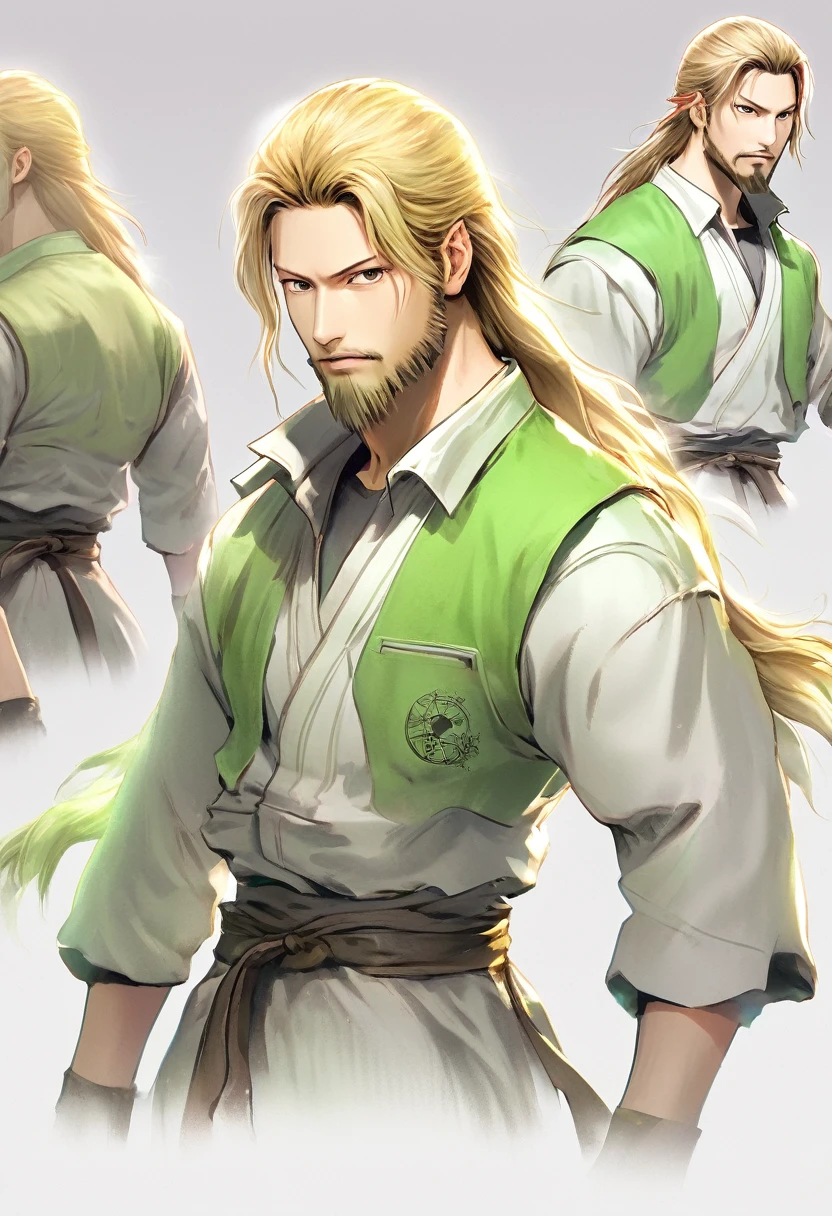 Character anime man, whole body, permanent, Strong, Long blond hair, ((design sketches)), (masterpiece), Extremely detailed, (original design reserved), (Random pose), leader, (unique accessories), (clothing, Green vest, jeans), (Bearded face) professionally retouched, White background, (male: 1.1) Martial Arts, Parkour (高腰jeans: 0.8), (dirty: 1.1), (move: 0.8), (young: 1.3), (sprint: 0.6) (silent hill concept) (Resident Evil concept)  