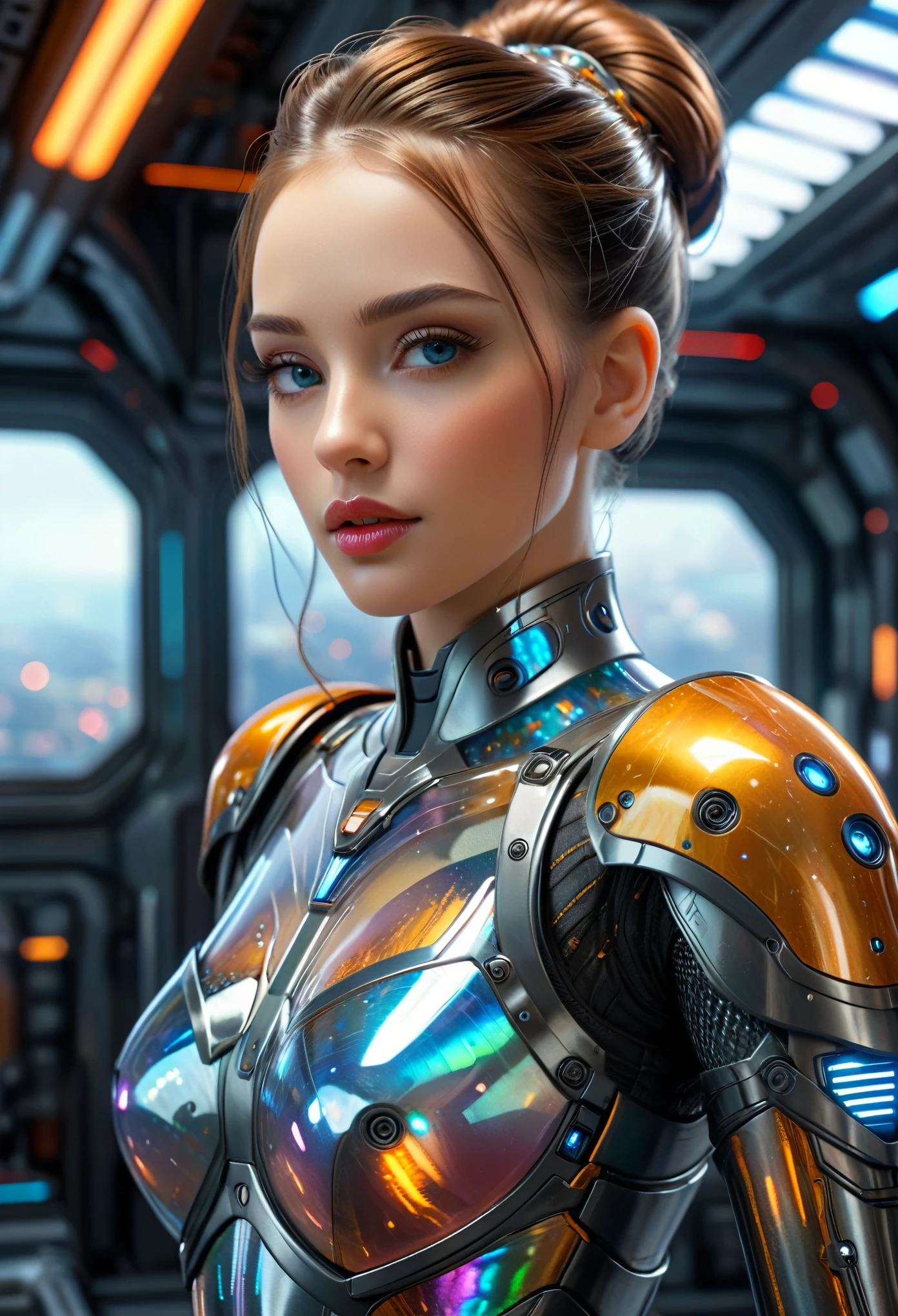 (best quality,4k,highres,masterpiece:1.2),ultra-detailed,(realistic,photorealistic:1.37), 1 extraordinarily beautiful android princess, (sci-fi futuristic transparent armor:1.7), extraordinarily sexy, expressive, seductive face, ral-opal, (whole body:1.2), (full body, standing on a spaceship:1.4), cameltoe, beautiful detailed eyes, beautiful detailed seductive lips, extremely detailed erotic face and eyes, long eyelashes, hkstyle, hair updo, HDR, UHD, studio lighting, ultra-fine painting, sharp focus, physically-based rendering, extreme detail description, professional, vivid colors, bokeh, sci-fi, concept art, hair band, (transparent:1.4) (beautiful long legs, beautiful thighs:1.5), (seductive posing:1.2), (erotic posing:1.2), (Dakota Fanning:0.1)