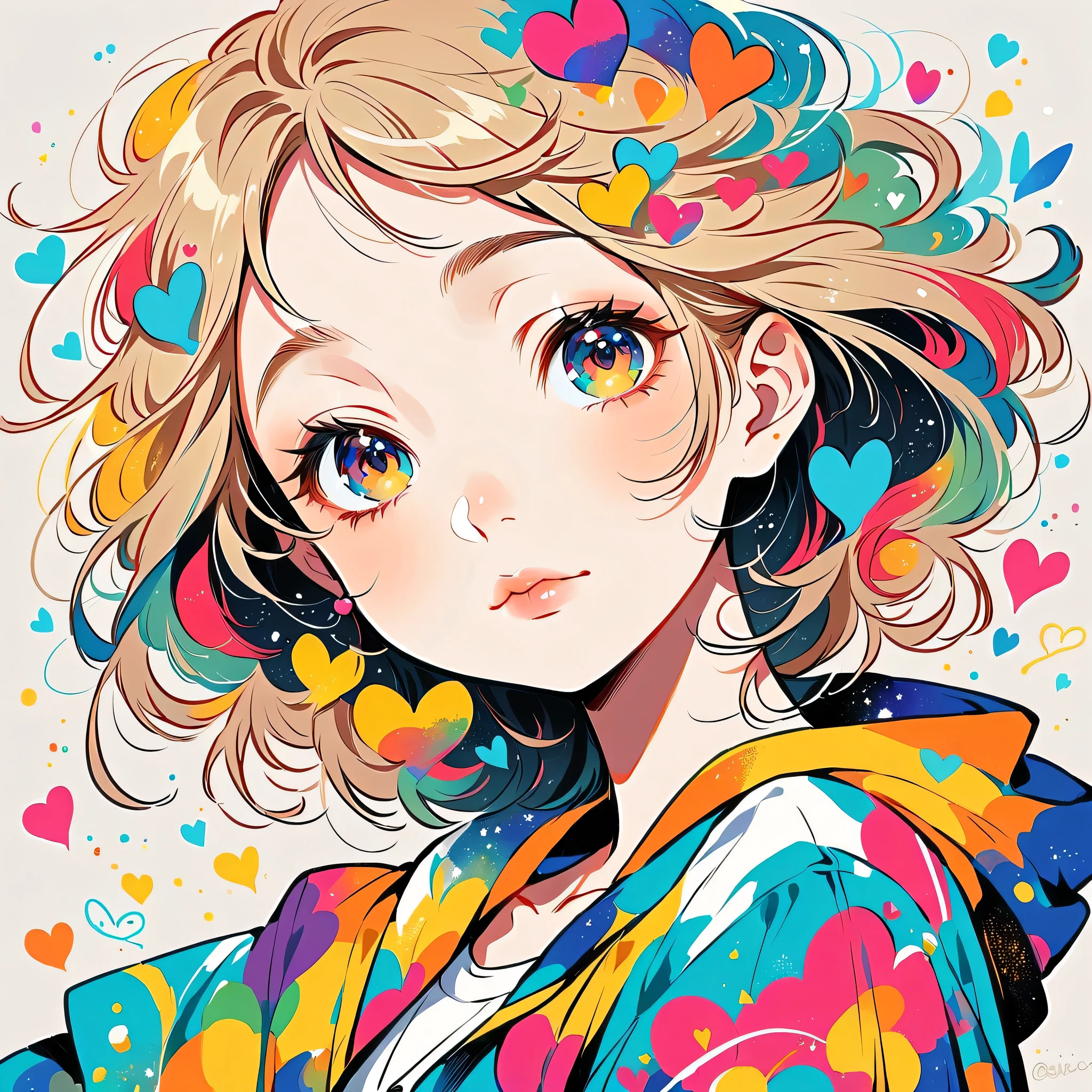Mika Pikazo style, Simple Line Initialism，Abstract art, colorful hearts ,colorful hearts, (((The most beautiful girl of all time))), Space Travel, Cute and colorful amoeba, Lips in love