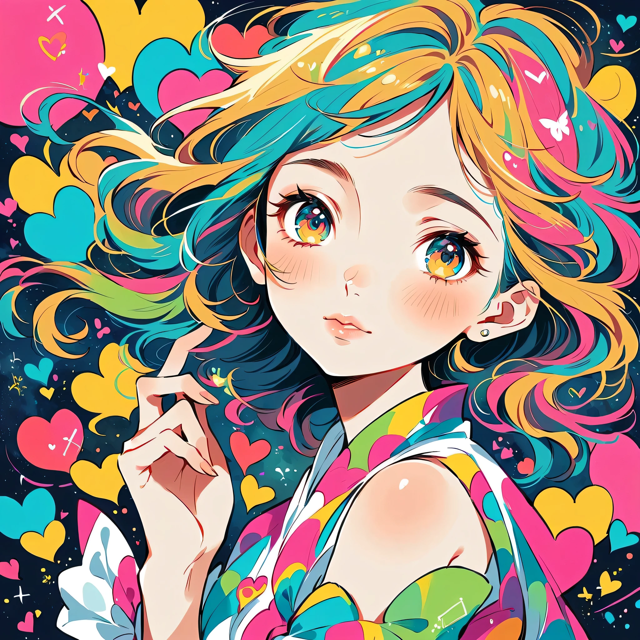 Mika Pikazo style, Simple Line Initialism,Abstract art, colorful hearts ,colorful hearts, (((The most beautiful girl of all time))), Space Travel, Cute and colorful amoeba, Lips in love