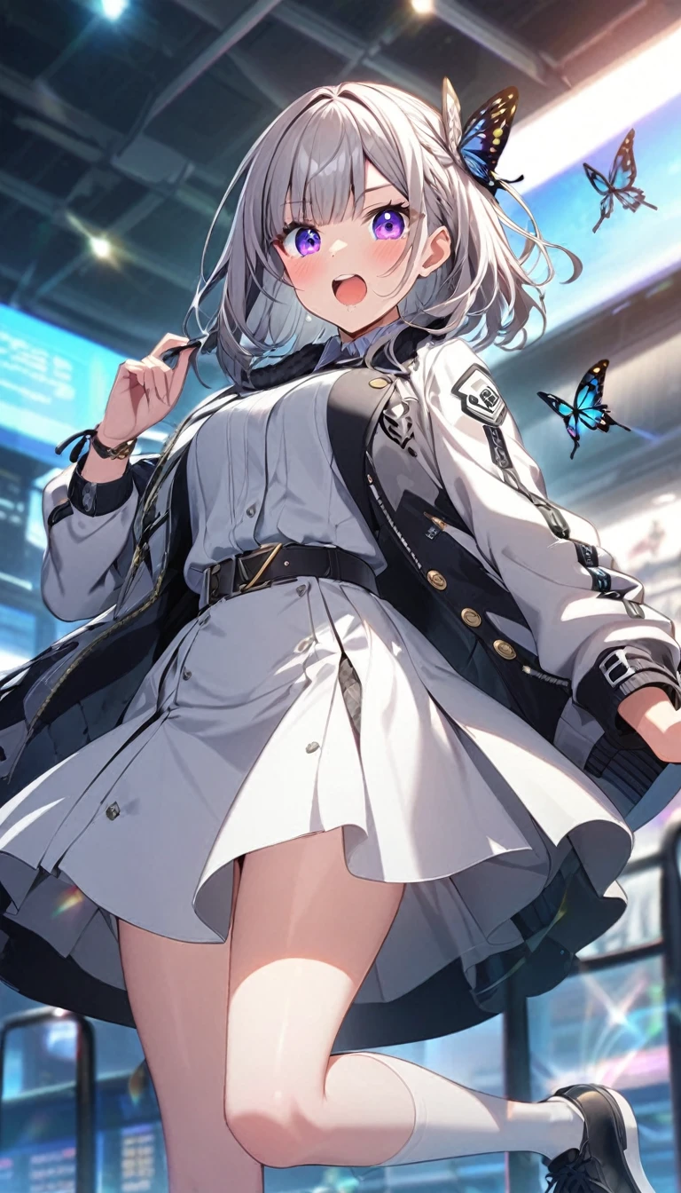 Cowboy Shot,One girl,alone,Shelia Burns,butterfly brooch, ribbon, bow, skirt, back bow, shirt, Long sleeve, Knee socks,blush,Embarrassing,Dynamic Angle,(From below:1.5),(Sealing:1.5), (Crotch close-up:1.3),(Panty shot),Highest quality,Best image quality,Perfect Anatomy,masterpiece,Ultra-detailed,beautiful,super high quality, Highest quality,High resolution, Very detailed,Game CG,Dutch Angle ,beautiful細部までこだわった目,Visual Arts,Five Fingers, Perfect hands,