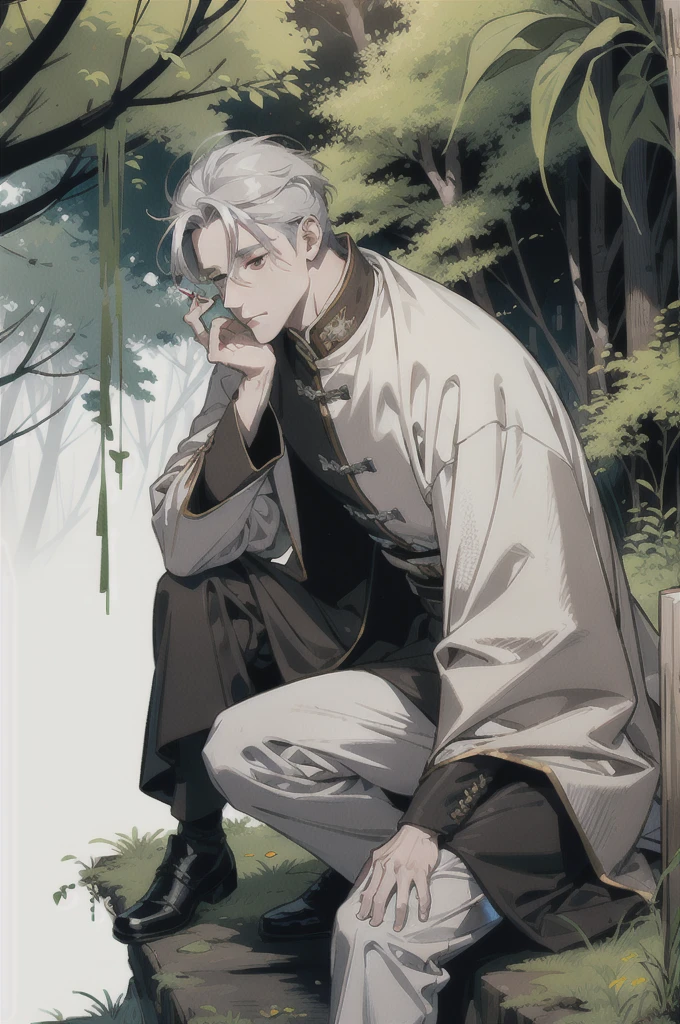 Yuan military white men in their 40s。Gray Hair。Wearing a brown cape。Being in the forest。He is sitting on a big rock and smoking a cigarette。