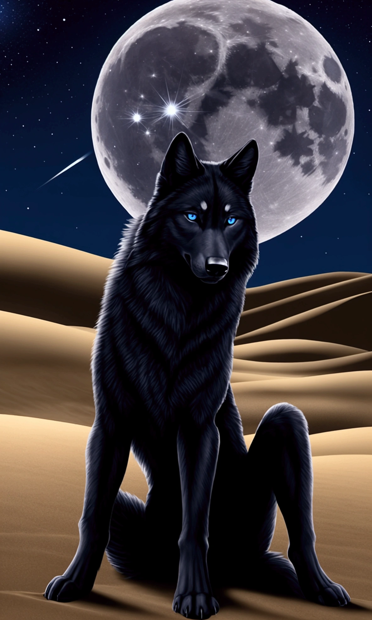 Beautiful black wolf with blue eyes. Sitting. Night, the fullmoon is shining, beautiful nightsky. Desert