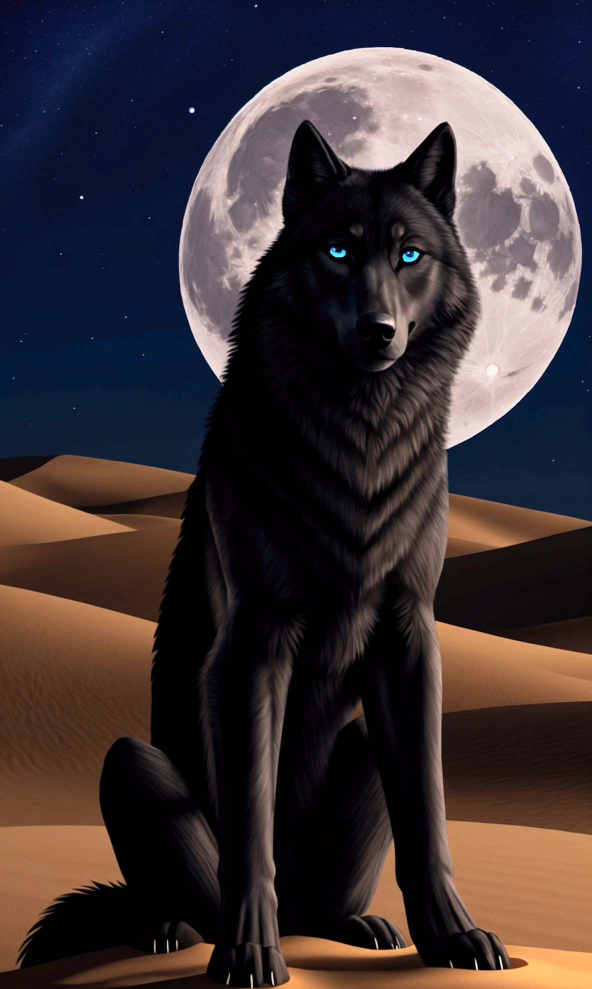 Beautiful black wolf with blue eyes. Sitting. Night, the fullmoon is shining, beautiful nightsky. Desert