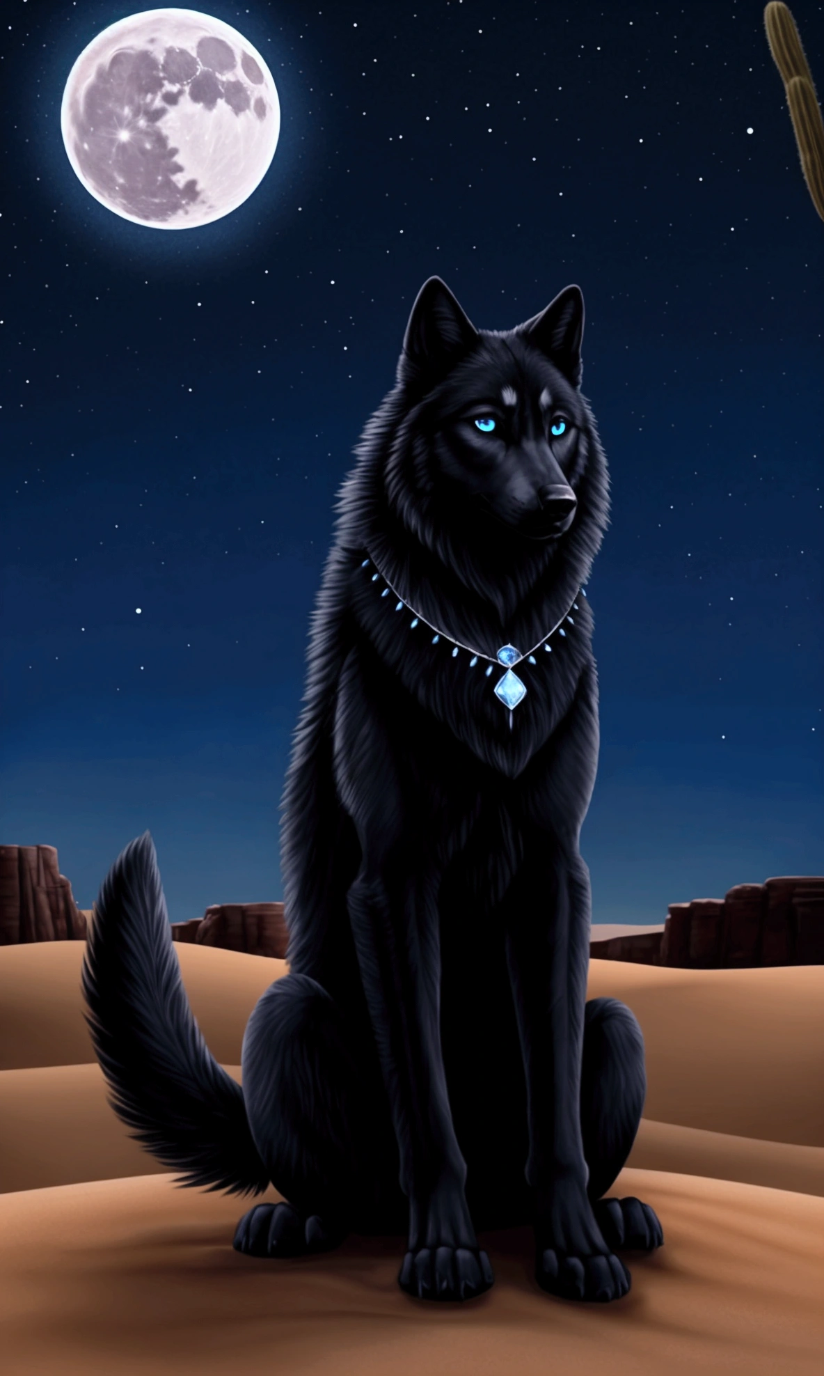 Beautiful black wolf with blue eyes. Sitting. Night, the fullmoon is shining, beautiful nightsky. Desert