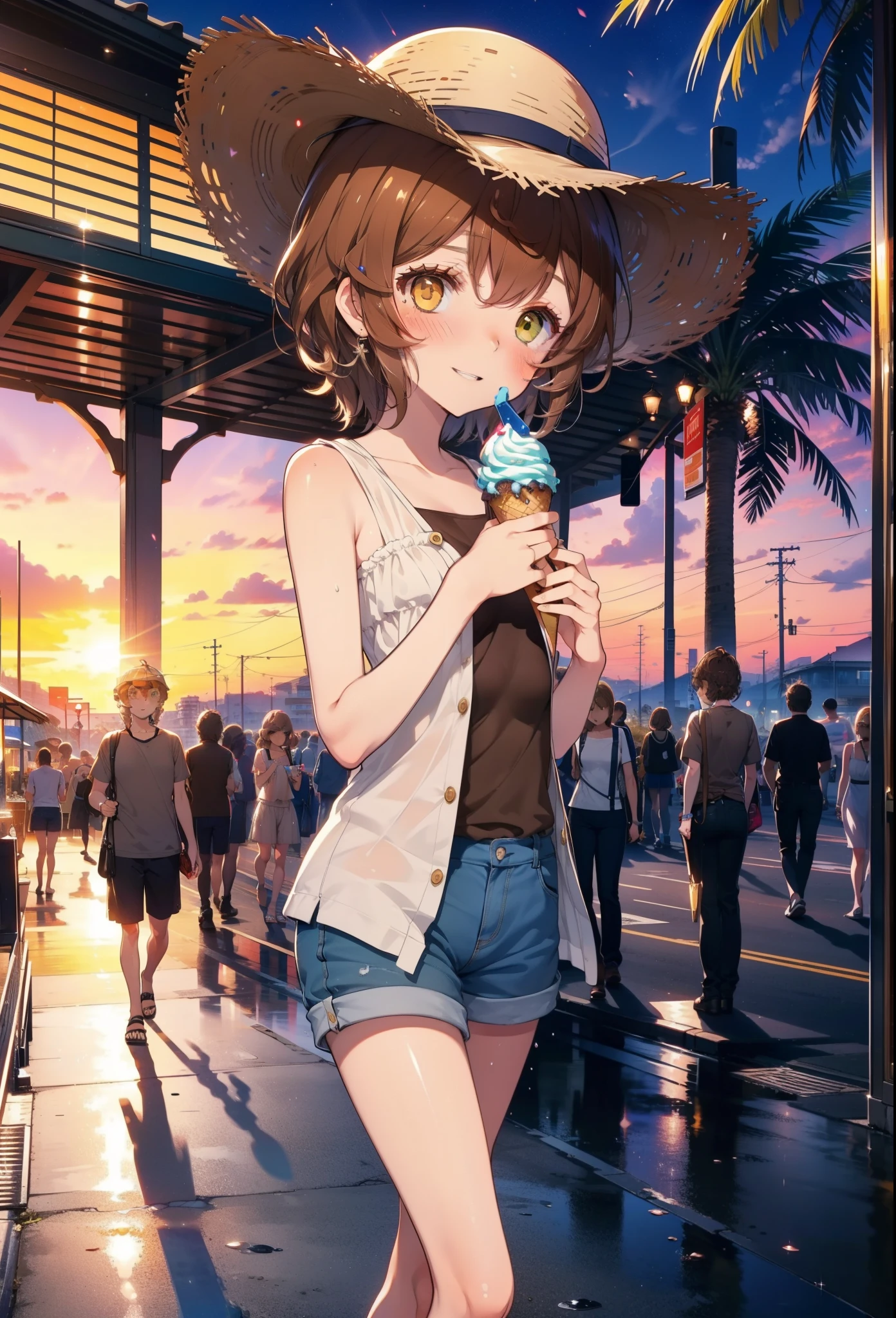 Lililukarde, Liliruka gets burned, , (Brown eyes:1.7), Brown Hair, (Flat Chest:1.2), smile,blush,Open your mouth,Straw hat,short hair,Brown tank top,Shorts,Holding ice cream in both hands,Heeled Sandals,Walking,sunset,evening,The sun is setting,whole bodyがイラストに入るように,
break looking at viewer,whole body,
break outdoors, Building district,Palm tree,Tropical,
break (masterpiece:1.2), Highest quality, High resolution, unity 8k wallpaper, (figure:0.8), (Beautiful attention to detail:1.6), Highly detailed face, Perfect lighting, Highly detailed CG, (Perfect hands, Perfect Anatomy),