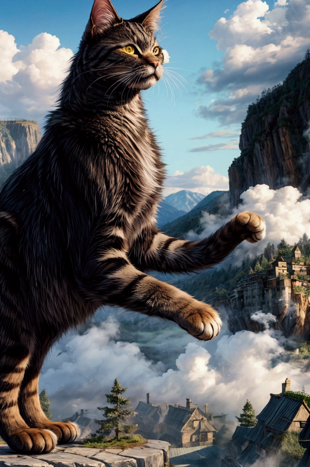 Giant Cat,Peeking out from the mountain forest to see the village at the foot of the mountain,
At lunchtime, smoke rises from the chimneys of each house in the village.,
You can receive a share of the meal,