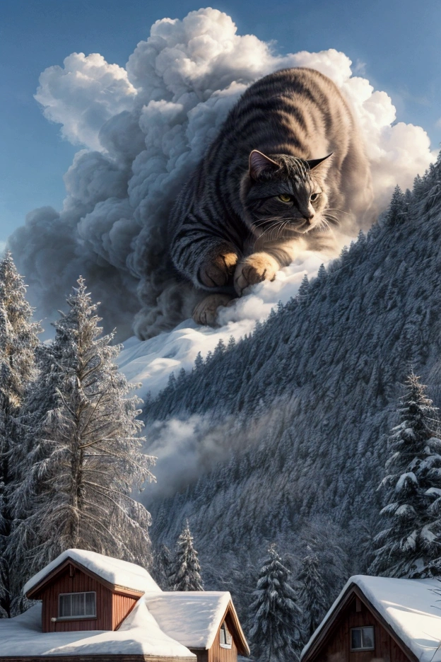 Giant Cat,Peeking out from the mountain forest to see the village at the foot of the mountain,
At lunchtime, smoke rises from the chimneys of each house in the village.,
You can receive a share of the meal,