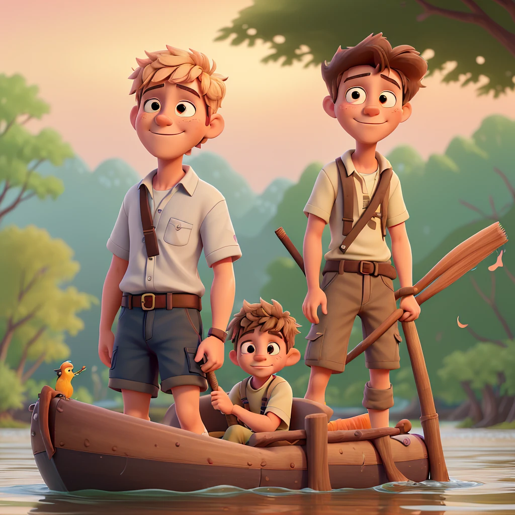 a moment of tranquility and camaraderie on the Mississippi River, The scene unfolds under the soft glow of a setting sun, painting the sky in hues of orange and pink, casting a warm, golden light over the rippling waters. In the foreground, Huck, a spirited young boy with tousled blond hair and a mischievous glint in his eye, stands at the helm of the raft, skillfully maneuvering it with a long pole. His ragged clothes flutter in the gentle breeze, a testament to his carefree spirit and adventurous nature. Beside him, Jim, a wise and compassionate African American man, sits with a serene expression, his weathered face reflecting a mix of determination and hope. The raft itself is a patchwork of rough-hewn wood, adorned with a few personal belongings tied up in a worn bundle. A fishing pole leans against the side, hinting at moments of leisure and sustenance shared on their journey. The river stretches out before them, its waters reflecting the colors of the sky and teeming with life - from the graceful flight of birds overhead to the rustling of leaves along the verdant banks. As Huck and Jim navigate the twists and turns of the river, their bond deepens, transcending societal barriers and forging a friendship rooted in mutual respect and shared experiences. 