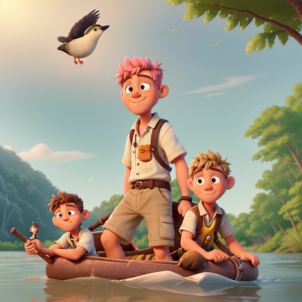 a moment of tranquility and camaraderie on the Mississippi River, The scene unfolds under the soft glow of a setting sun, painting the sky in hues of orange and pink, casting a warm, golden light over the rippling waters. In the foreground, Huck, a spirited young boy with tousled blond hair and a mischievous glint in his eye, stands at the helm of the raft, skillfully maneuvering it with a long pole. His ragged clothes flutter in the gentle breeze, a testament to his carefree spirit and adventurous nature. Beside him, Jim, a wise and compassionate African American man, sits with a serene expression, his weathered face reflecting a mix of determination and hope. The raft itself is a patchwork of rough-hewn wood, adorned with a few personal belongings tied up in a worn bundle. A fishing pole leans against the side, hinting at moments of leisure and sustenance shared on their journey. The river stretches out before them, its waters reflecting the colors of the sky and teeming with life - from the graceful flight of birds overhead to the rustling of leaves along the verdant banks. As Huck and Jim navigate the twists and turns of the river, their bond deepens, transcending societal barriers and forging a friendship rooted in mutual respect and shared experiences. 