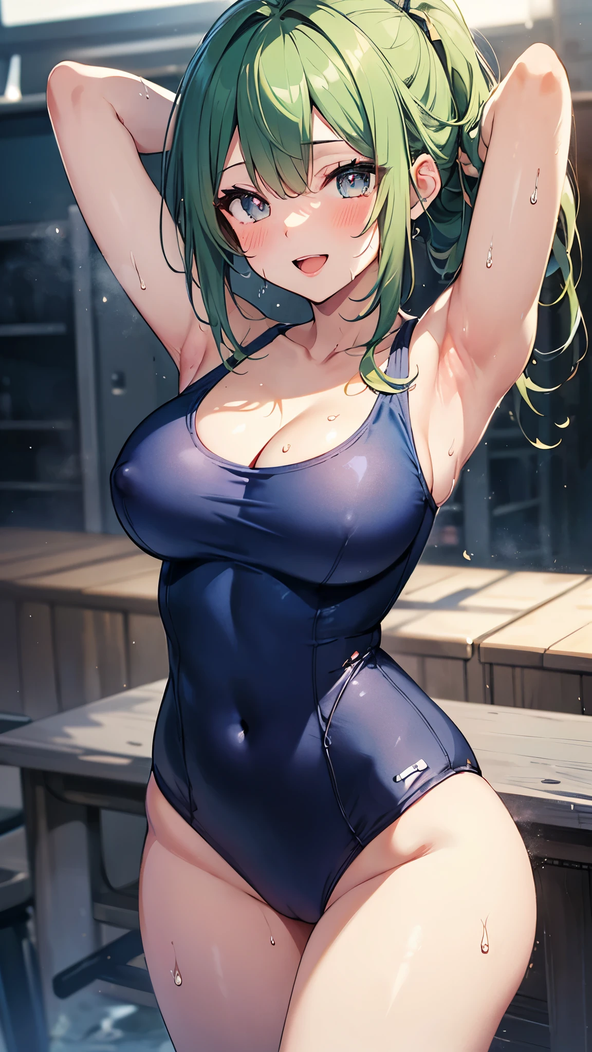 cowboy shot,1girl,solo,green hair,long hair,ponytails,(old dark blue school swimsuit),large breasts,cleavage,erect nipples,slender,standing,open mouth,smile,blush,spread armpit, arms behind head,wet,sweat,steam,masterpiece,Noise Reduction,perfect anatomy,high resolution, ultra-detailed, ultra-detailed face,game cg,dutch angle ,beautiful detailed eyes,sparkling pupils,visualart,five fingers, perfect hands, perfect lighting, 