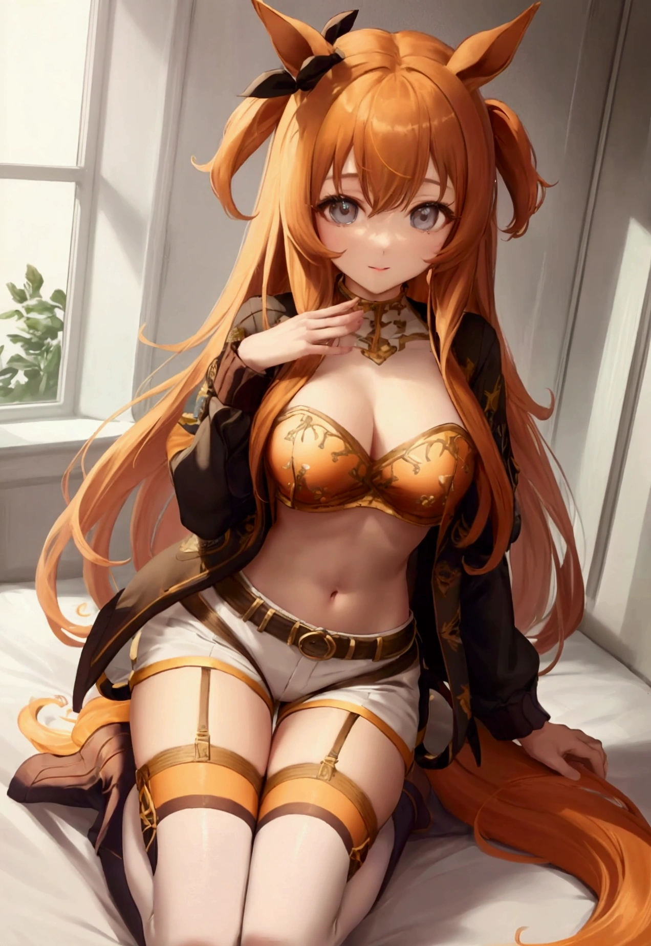 anime, masterpiece, cute girl, no panties, spread legs, lying on back, short skirt, white knee high socks, big , orange hair, long hair, (hime cut:1.4), (embroidery breastplate, metal accent cape, thighhighs, pussy juice, detail, 4k, sexy, good pupil, 4k, detailed