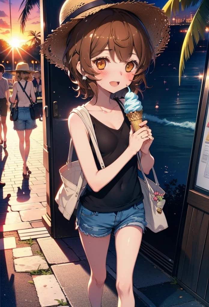 Lililukarde, Liliruka gets burned, , (Brown eyes:1.7), Brown Hair, (Flat Chest:1.2), smile,blush,Open your mouth,Straw hat,short hair,Brown tank top,Shorts,Holding ice cream in both hands,Heeled Sandals,Walking,sunset,evening,The sun is setting,whole bodyがイラストに入るように,
break looking at viewer,whole body, 
break outdoors, Building district,Palm tree,Tropical,
break (masterpiece:1.2), Highest quality, High resolution, unity 8k wallpaper, (figure:0.8), (Beautiful attention to detail:1.6), Highly detailed face, Perfect lighting, Highly detailed CG, (Perfect hands, Perfect Anatomy),
