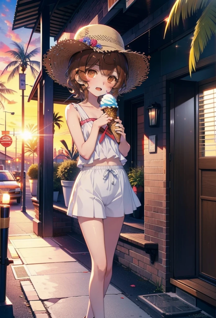 Lililukarde, Liliruka gets burned, , (Brown eyes:1.7), Brown Hair, (Flat Chest:1.2), smile,blush,Open your mouth,Straw hat,short hair,Brown tank top,Shorts,Holding ice cream in both hands,Heeled Sandals,Walking,sunset,evening,The sun is setting,whole bodyがイラストに入るように,
break looking at viewer,whole body,
break outdoors, Building district,Palm tree,Tropical,
break (masterpiece:1.2), Highest quality, High resolution, unity 8k wallpaper, (figure:0.8), (Beautiful attention to detail:1.6), Highly detailed face, Perfect lighting, Highly detailed CG, (Perfect hands, Perfect Anatomy),