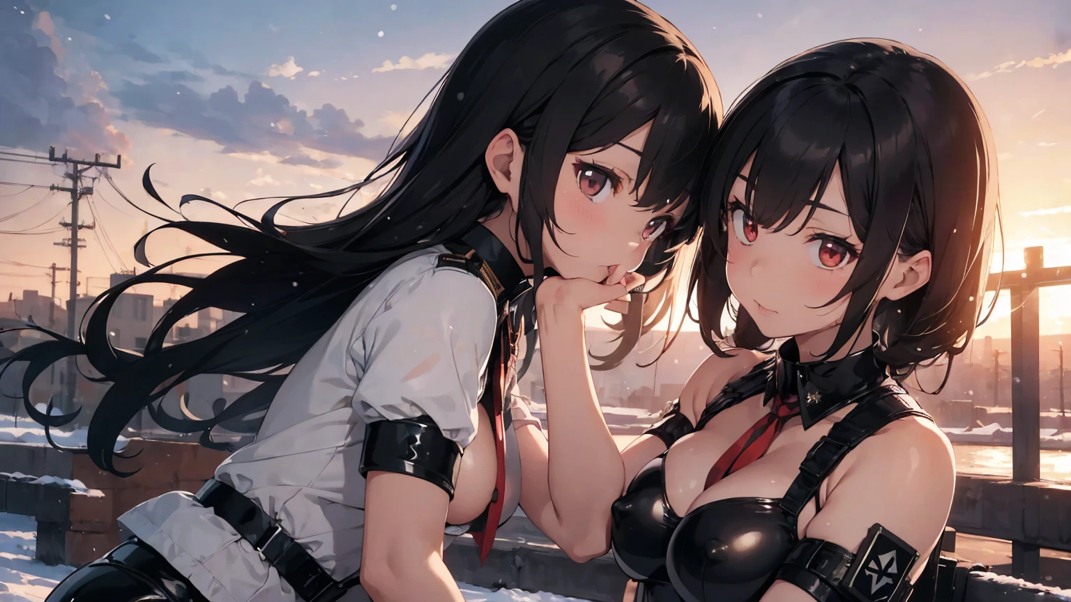  Gestapo uniform, female lesbian  kawaii sisters kissing passionately with T-54 military tank. wearing black latex Luftwaffe uniforms. 8k. masterpiece. best quality. best artwork. lingerie. Swastika insignia red armband. busty bare breasts. nipples.  sunset. snowing