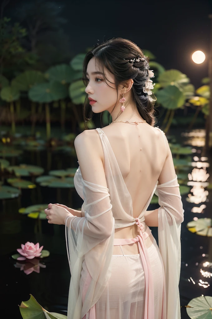 (((best quality))),(((ultra detailed))),(((masterpiece))),illustration,((1 beautiful young  girl,solo)),((slim,thin)),(shoulder length straight hair:1.2),((earrings,necklace)),((bare back,towering hips,butt crack)),(see through traditional pink sheer Hanfu dress:1.3),(beside the lotus pond full of lotus flowers:1.3), serene moonlight, ethereal,floral pattern, water movement, billowing fabric, tranquil, moon reflection, petals, fireflies, magical, light,warm light, dreams, invitation, standing, gazing, reflection, inner thoughts, emotional, sweet scent, natural beauty, solitude, hypnotic lull, eternal summer, (night scene:1.3), natural world, human spirit, celebration, backdrop, water, glow,((from back)),(close-up of upper body:1.3)