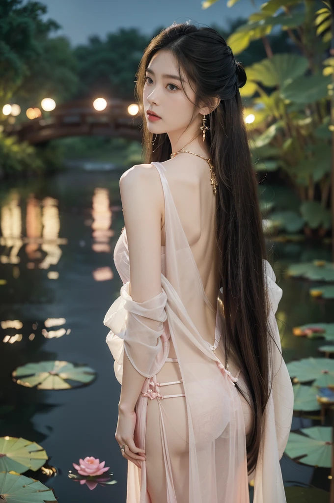 (((best quality))),(((ultra detailed))),(((masterpiece))),illustration,((1 beautiful young  girl,solo)),((slim,thin)),(shoulder length straight hair:1.2),((earrings,necklace)),((bare back,towering hips,butt crack)),(see through traditional pink sheer Hanfu dress:1.3),(beside the lotus pond full of lotus flowers:1.3), serene moonlight, ethereal,floral pattern, water movement, billowing fabric, tranquil, moon reflection, petals, fireflies, magical, light,warm light, dreams, invitation, standing, gazing, reflection, inner thoughts, emotional, sweet scent, natural beauty, solitude, hypnotic lull, eternal summer, (night scene:1.3), natural world, human spirit, celebration, backdrop, water, glow,((from back)),(close-up of upper body:1.3)