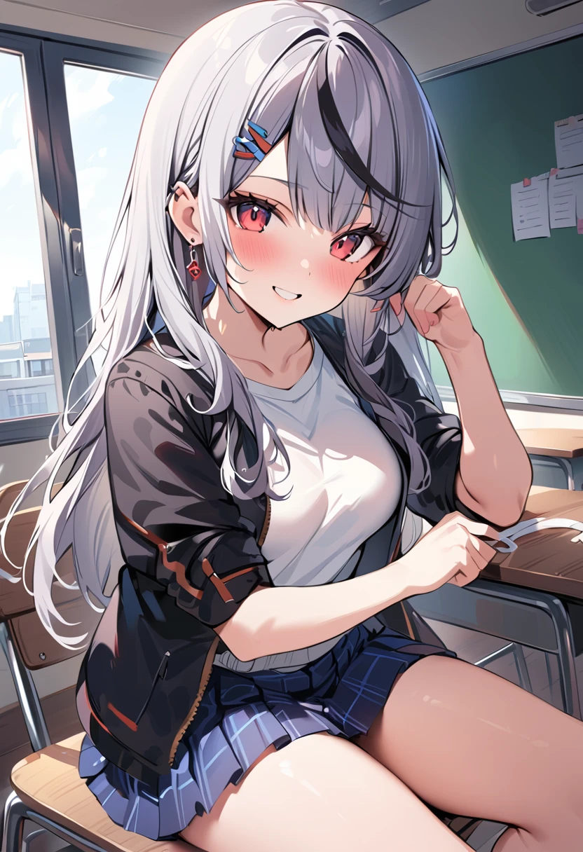 White shirt,blue skirt, Clarification , pleated skirt,Black Jacket , Seraphim, skirt,View your viewers,indoor, classroom,
One girl ,Red eyes, , Multicolored Hair, Grey Hair, Striped Hair, bandage, hair ornaments, smile, Black Hair, Clothing cutouts, Earrings, Braiding, tooth,Long Hair,masterpiece, High resolution, Octance 4K, Attention to detail