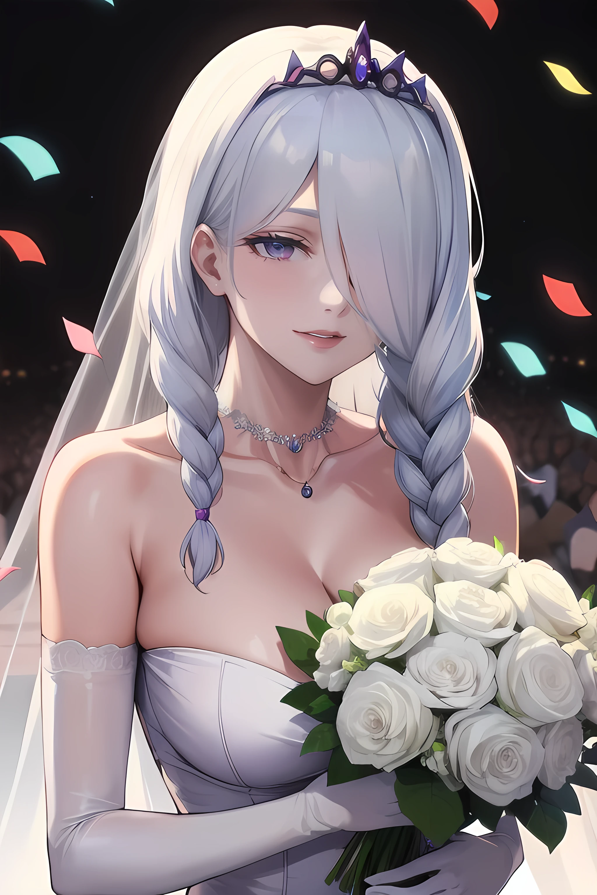 masterpiece, best quality, highres, aaichika,  tiara, bridal veil, necklace, cleavage, wedding dress, strapless dress, white dress, white gloves, elbow gloves, garden on background, smile, open mouth, tears, upper body, confetti, holding bouquet, bouquet,mei mei, long hair, very long hair, braid, (hair over one eye:1.5), braided ponytail, one eye covered, braided bangs, (purple eyes:1.1), Purple lipstick on the lips