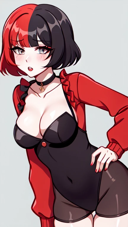 coupling, red hair, black hair, multicolored hairs, short hair, very sexy bunny suit, embarrassed, choker