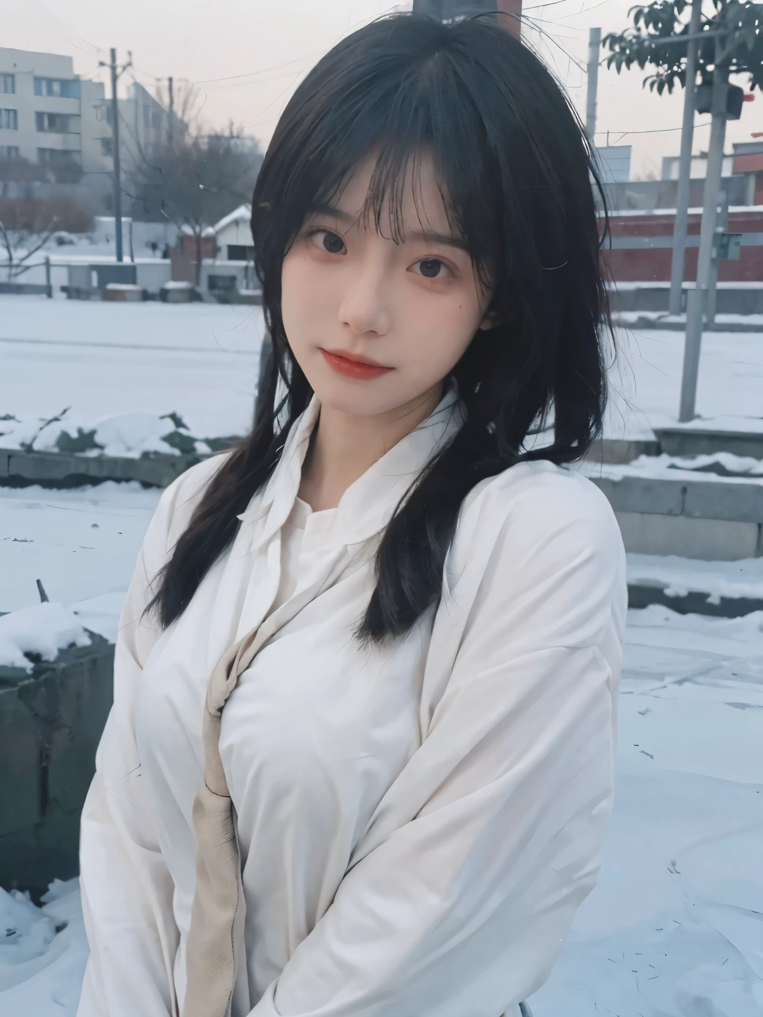 Best quality,masterpiece,Double tail,Ultra-high resolution,snow,16K,Snow background,(Photo Realism:1.4),1 Girl,JK,sexly,(shirt and tie:1.2),(Big breasts:2.3),(Upper body:1.4)