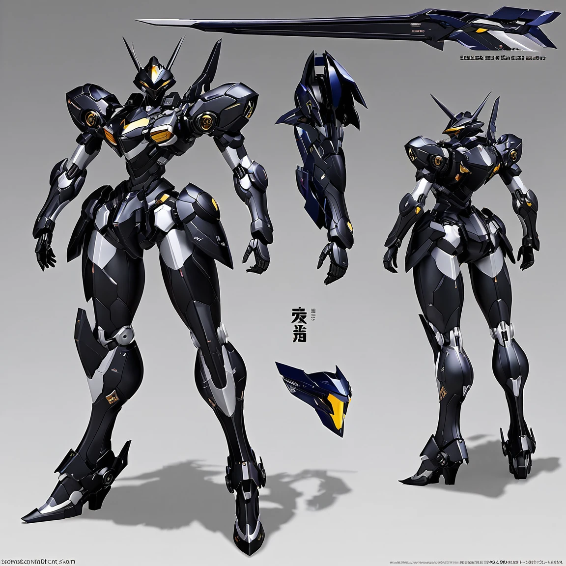 (Same robot unit, front, ~ ~ side, ria), (whole body), Character Reference Sheet, Concept Art, detailed character design, driving force frontボディー view, driving force ~ ~ sideボディー view, driving force riaボディー view, View from three angles, Shiny Black Robot, Matte Black, Jet Black Mica Paint, Pearl Paint.、Mecha aesthetics、Body structure based on mechanical engineering theory、Designed by Mamoru Nagano、The edges of the body have a bright Majorla finish...、Detailed digital anime art、Best Anime8k wallpaper, 2.5次元的アニメMecha aesthetics, 8KによるVery detailedなデジタルアート, Robot Dragon Head、Wallop and Krentz Kuschaert、Very detailedなアニメ、advanced digital animation art, Very detailed, Character Reference Sheet, Concept Art, detailed character design, whole body illustration, whole body character design, black 戻るground, Robotic limbs