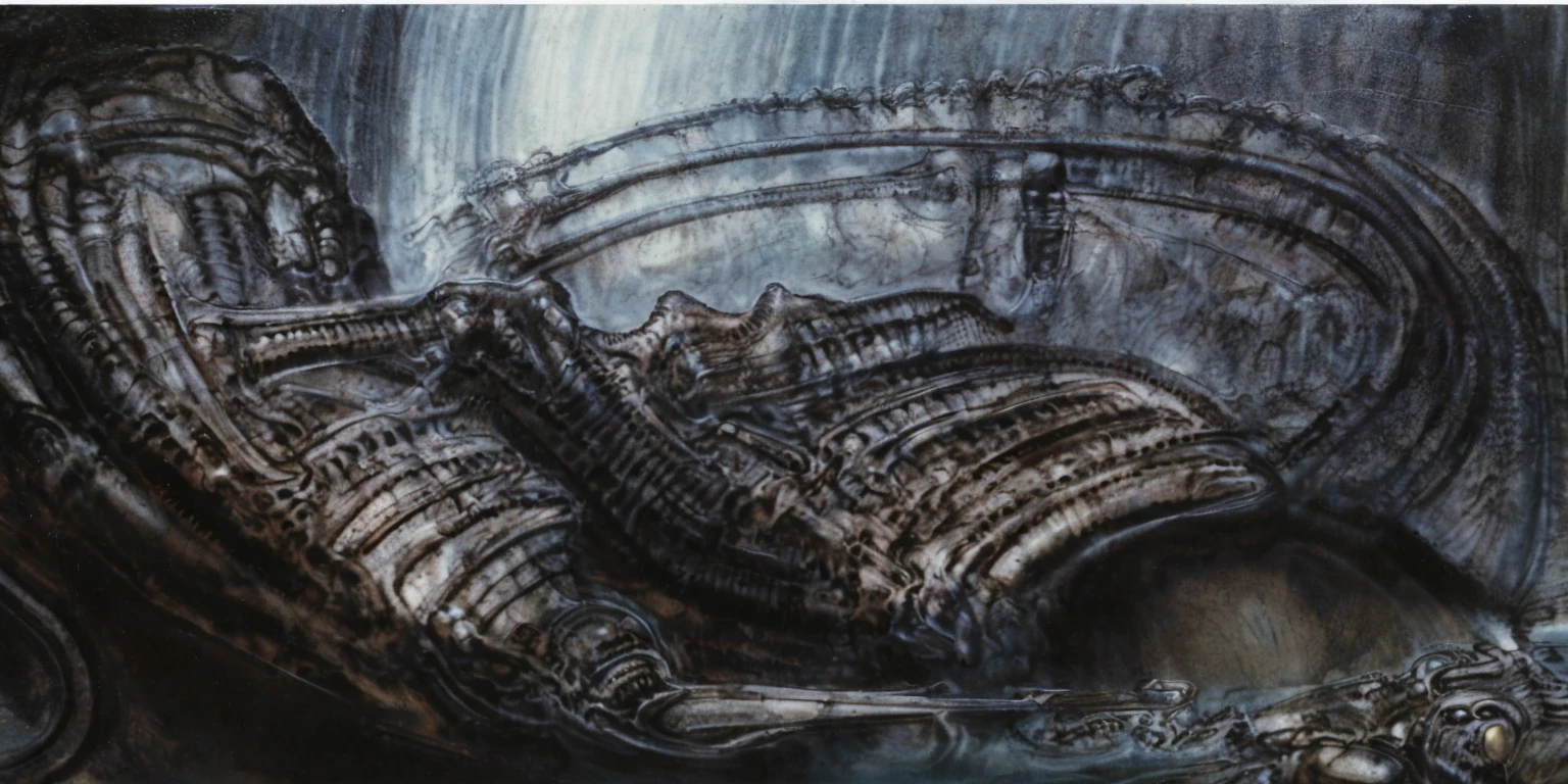 xgiger, The image is a detailed view of H.R. Giger's biomechanical tableau \" LANDSCAPE No 312 \" plate, featuring
a complex, intricate, and detailed design of endless Machine in the transit space over the cascade of fallen water, that appears to be a fusion of organic and mechanical elements, with a focus on the interplay between the two.The piece is a tableau, most likely created with a India ink pen or pencil on paper, determined by the thin lines, shading techniques, and the texture of the paper, which is visible around the edges.
Used is pen, given the shading and variations in line weight visible in the image. Artist have used a variety of stylus with different degrees of hardness to achieve the shading effects.
The use of undersaturated green-grays dark contrasts creates a stark and graphic look. Is used a variety of linework techniques to create different textures. Fine, parallel lines create a smooth, metallic texture,while thicker, more cursive lines suggest cables or wires.
Light source from the top highlights skeletals, pper part of foreground, lower part of image is in shadowupper part of foreground, lower part of image is in shadow.
The art performance showcases the artist’s skills in observation and rendering. The level of detail in the piece suggests a close study of real bone specimens and mechanics. The artist has skillfully used shading techniques to create a convincing illusion of three-dimensionality on a flat surface. The wrinkles and cracks in the surface, and the cast shadows with accuracy, used shading techniques to create a realistic depiction of light and shadow on the objects. This creates a sense of depth and dimension in the image. The artist has used careful linework to depict the contours and textures in the piece
Sharp focus on foreground elements illustration. Deep and delicate DOF. Big painting. Stored in Louvre masterpiece, ooze soaked pajama top