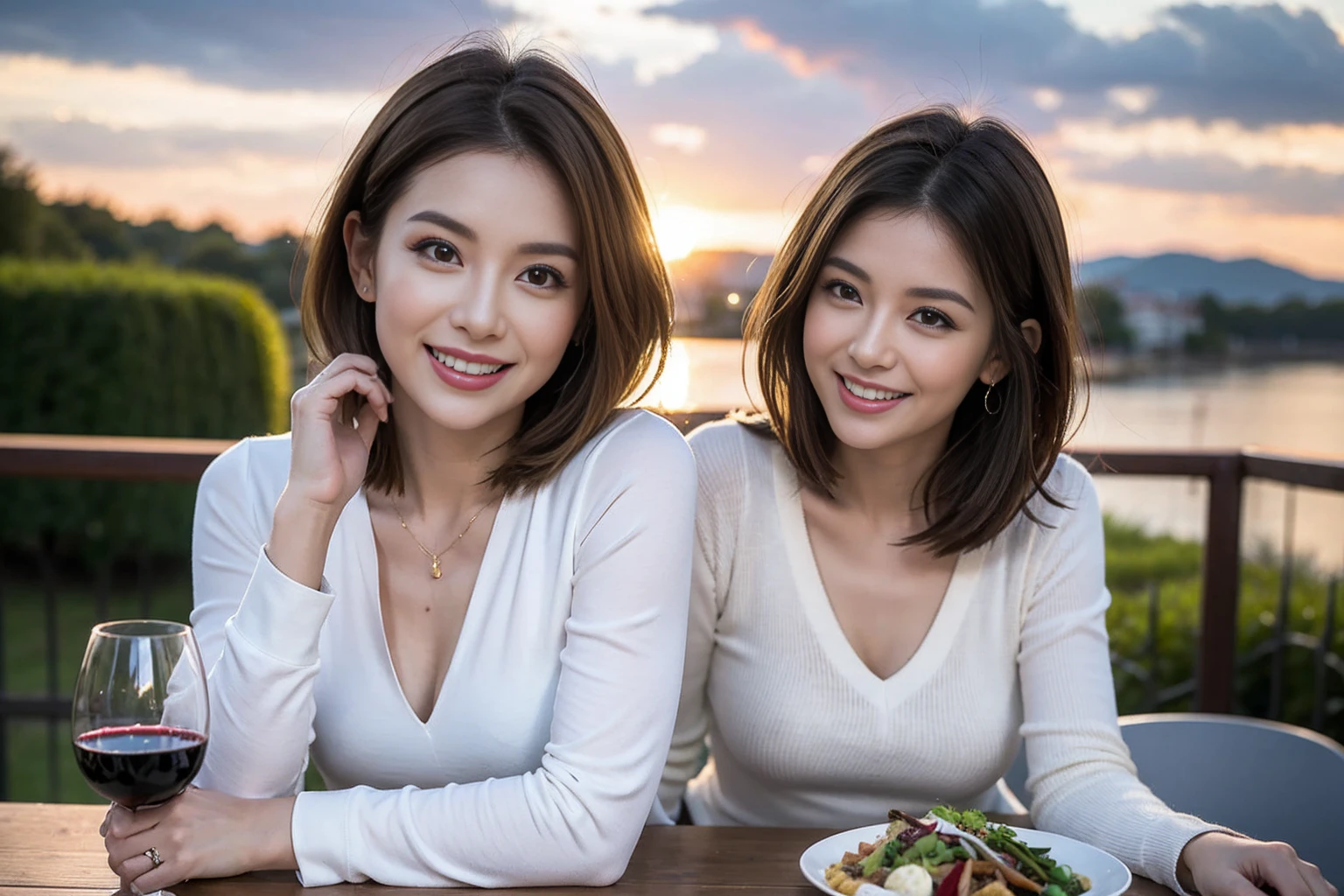 ((Highest quality、8k、masterpiece:1.3))、Slim Couple、Model Couple、(Realistic, Intricate details:1.2), full-course dinner、wine 、Amazing view of the sunset sky and clouds、A bright smile、The wonderfulness of smiles、Bright image、wineの美しさ, Beautiful Face, blue eyes, The light shines on your face, blush, short hair,Bright Face、 (Age 35), 39 years old, 赤wine 、Appetizers、Italian food、wine bottle、Champagne、スパークリングwine、Two beauties、Brown Hair、Shortcuts、Long sleeve shirt、dress、Two beautiful women