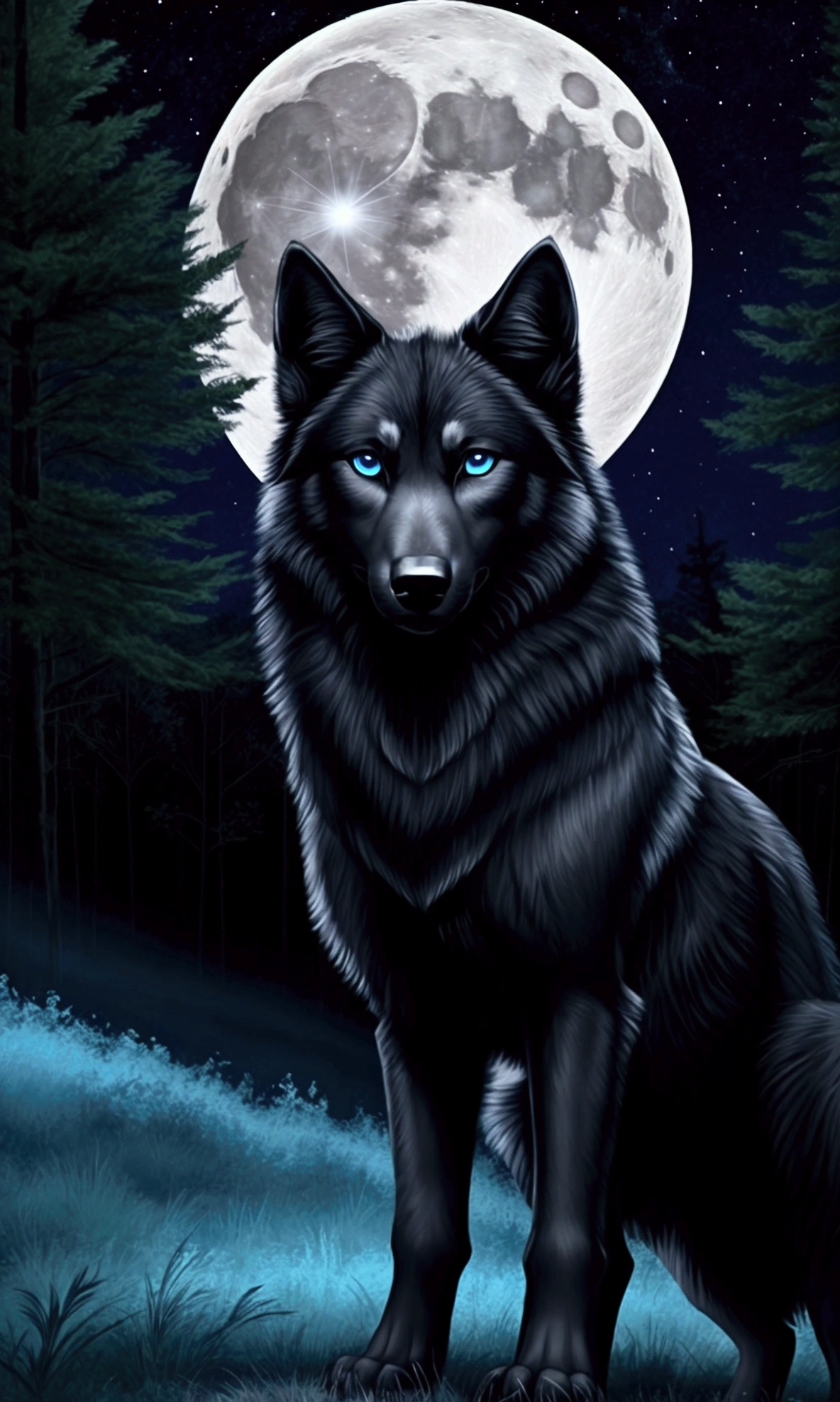 Beautiful black wolf with blue eyes stands in a clearing on a hill next to a single tree. It is night, the moon is shining.