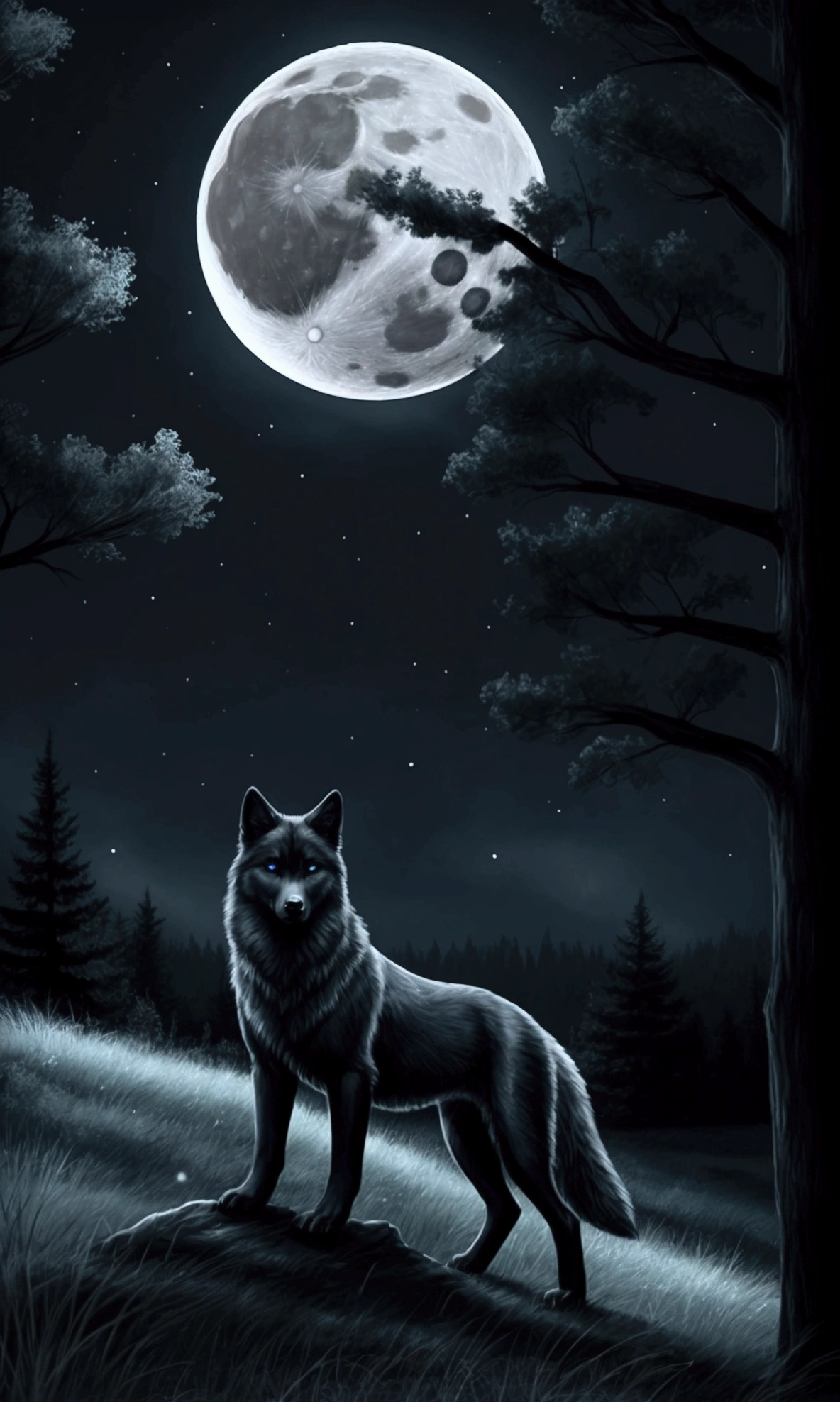 Beautiful black wolf with blue eyes stands in a clearing on a hill next to a single tree. It is night, the moon is shining.