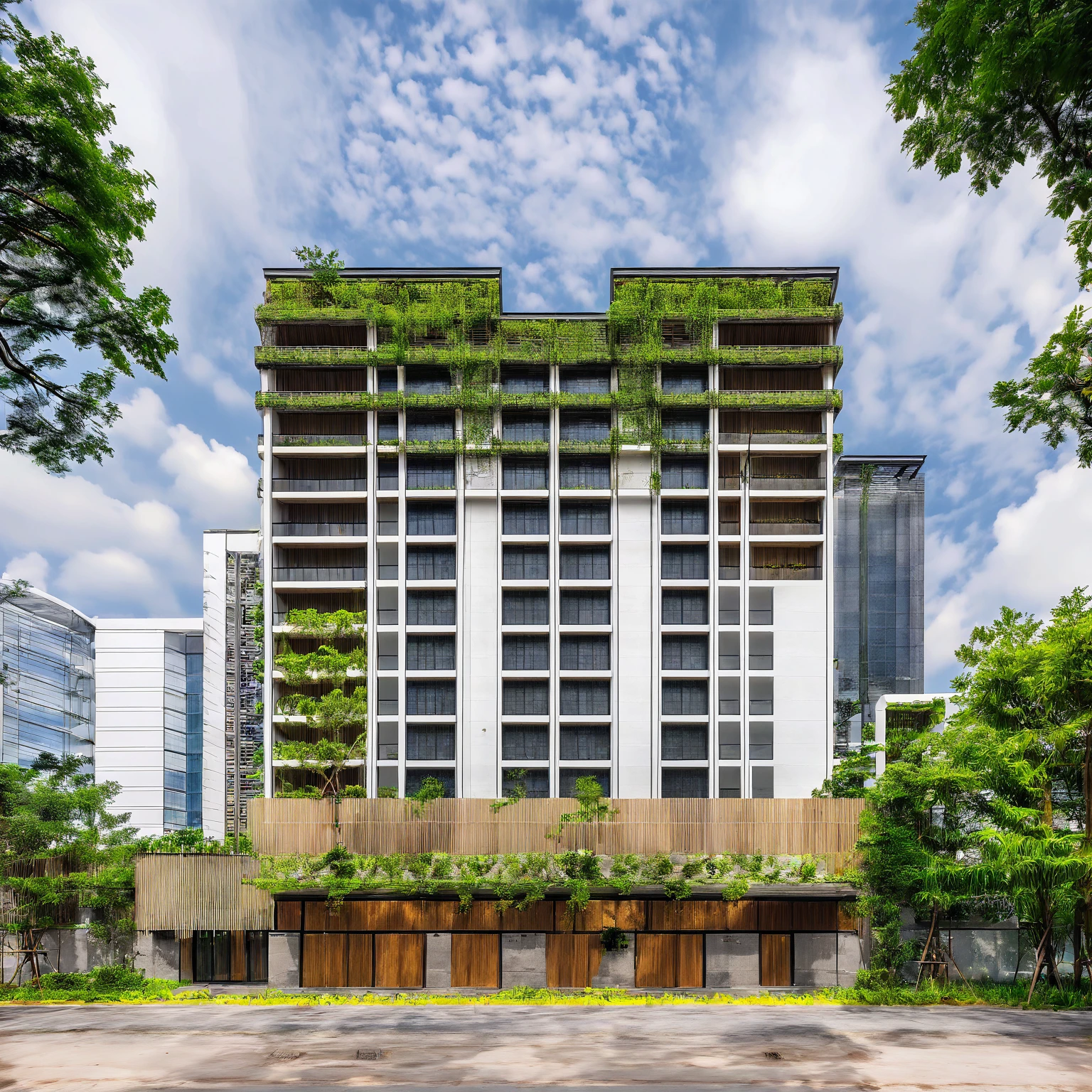 Masterpiece, high quality, best quality, authentic, super detail, outdoors, onestoreyvillaXL, aiaigroup, house style modern on the street ,stairs, white wall ,road,pavement, grass, trees, sky, cloud, (daylight:1.1)