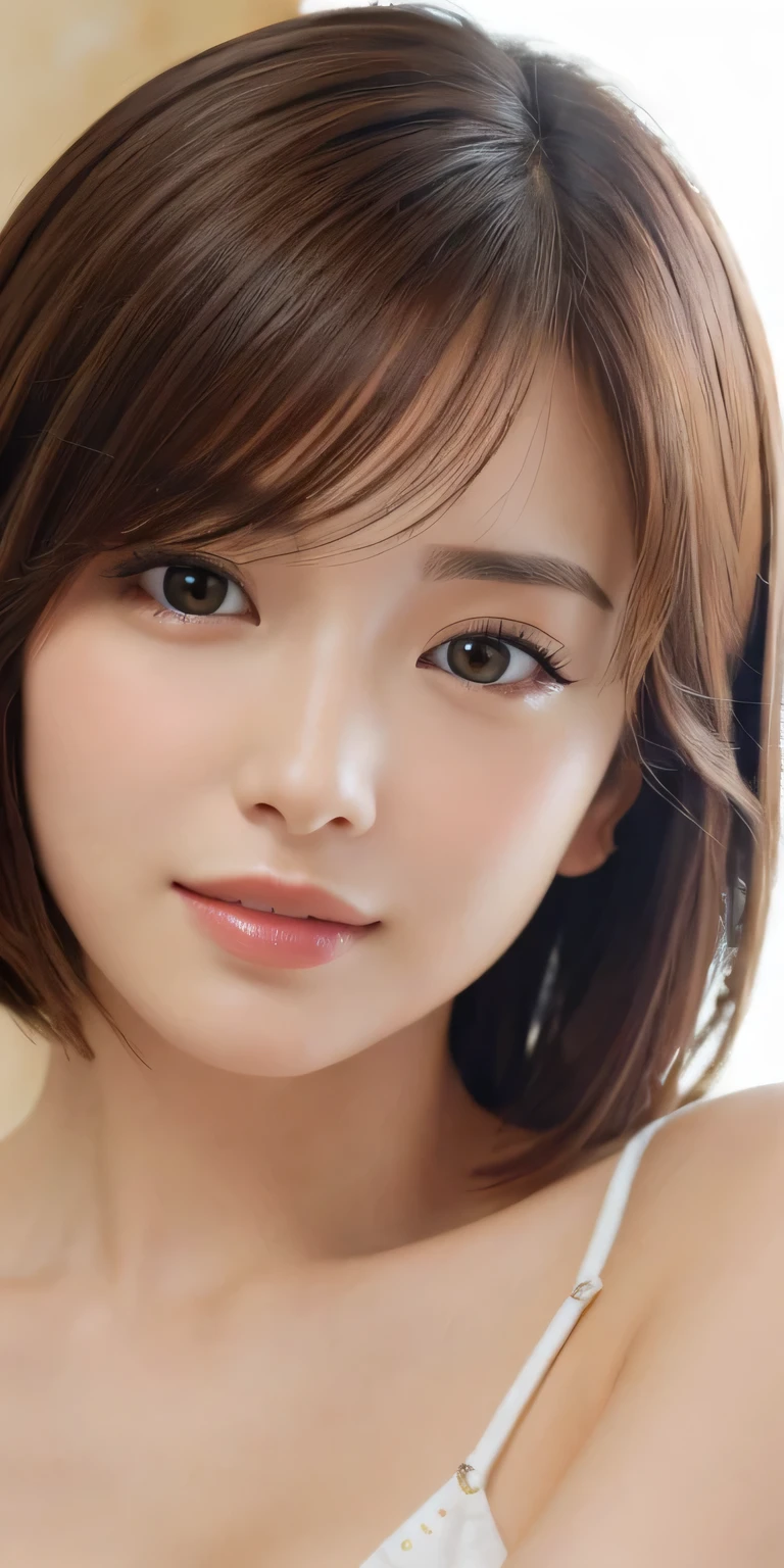 masterpiece、Highest quality、High resolution、Tabletop、wallpaper、Realistic、Bright lighting、Professional Lighting、Face Light、Smooth lighting、Japanese women、Adult、Beautiful woman、action、gravure、sexy、poor、so beautiful、Beautiful Skin、Beautiful and detailed、Detailed face、slim、moderately、short hair、Brunette Hair、Brown eyes、Looking at the camera、I have a lemon