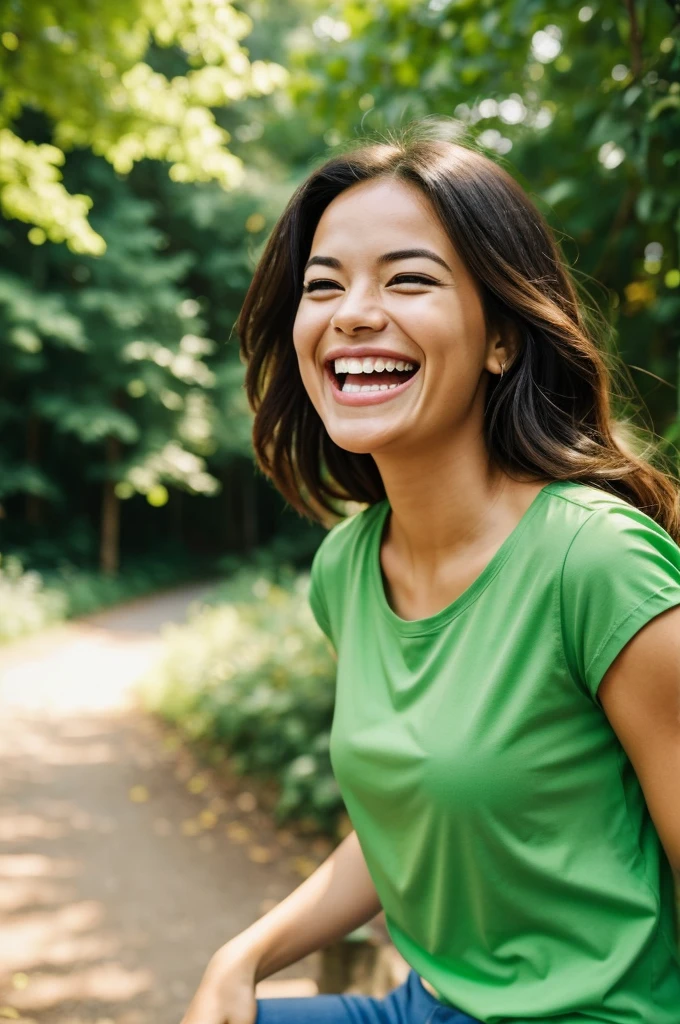 Describe a moment where a person is captured in a candid pose, laughing or smiling while outdoors. The image is bright and cheerful, with greenery in the background. The person is wearing a green shirt, and the overall mood of the picture exudes joy and relaxation.