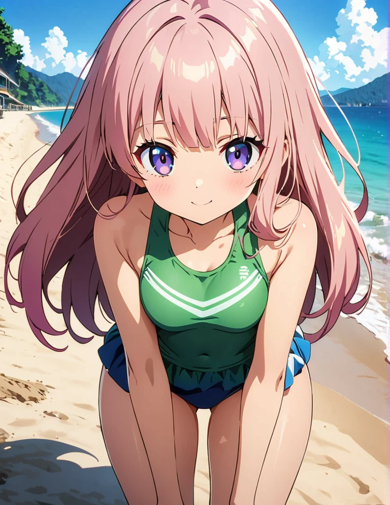 (anime artwork, anime style, studio anime, very detailed, up to date, vibrant, Anime Coloring, high contrast, masterpiece:1.2, best quality, best aesthetics),2 girl,hug from behind,swim suits, Medium chest, A glimpse of thighs,random hair, One eye is hidden by the bangs, perfect proportions, high detail skin, Cute, detailed faces,beach, precise fingers,curvy,swim suits crowd