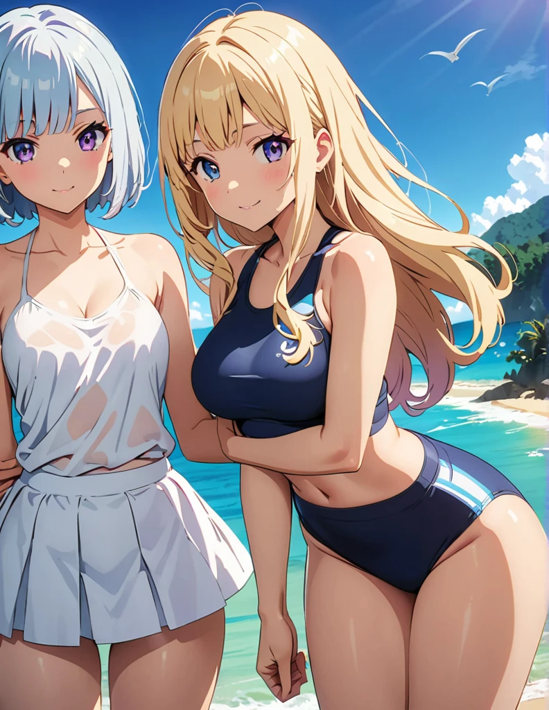 2 girls, NSFW, beach, micro G-string micro bikini, blonde red eyes straight hair, white hair blue eyes medium short hair, big breasts, sweaty, blushing, Kyoani, 8 heads