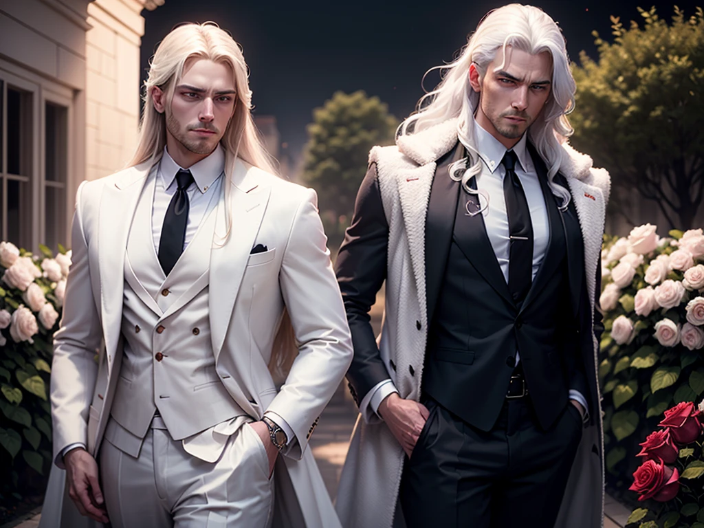 a dramatic portrait of a man with pale skin and long, thick white hair, piercing white eyes, long hair, wearing a luxurious white suit, with a high-collared fur coat, a haughty expression, in a rose garden at night, with a detailed background, cinematic lighting, roses, fashionable, in the style of Artgerm